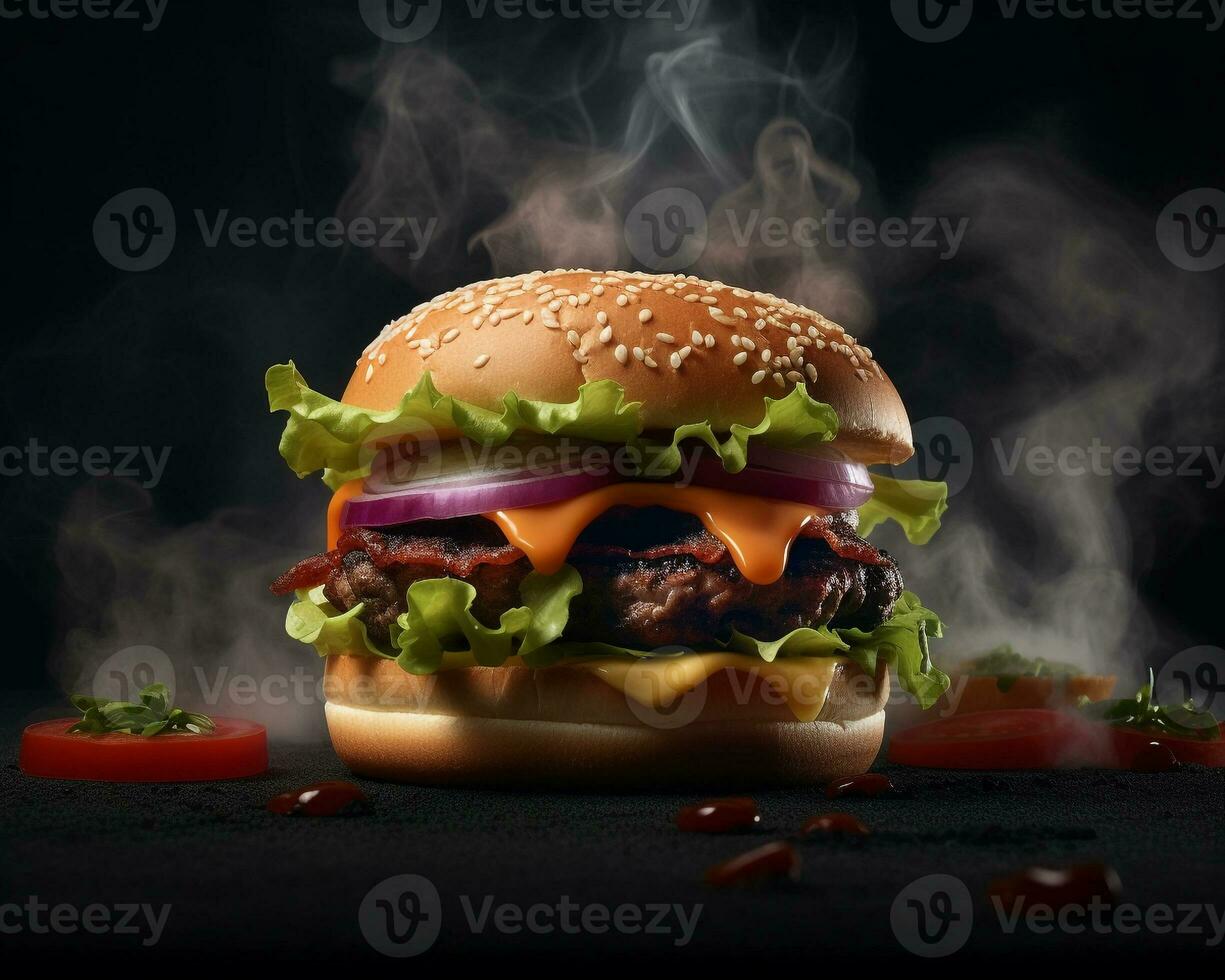Delicious hot spicy burger with fire smoke on dark background. AI Generated photo