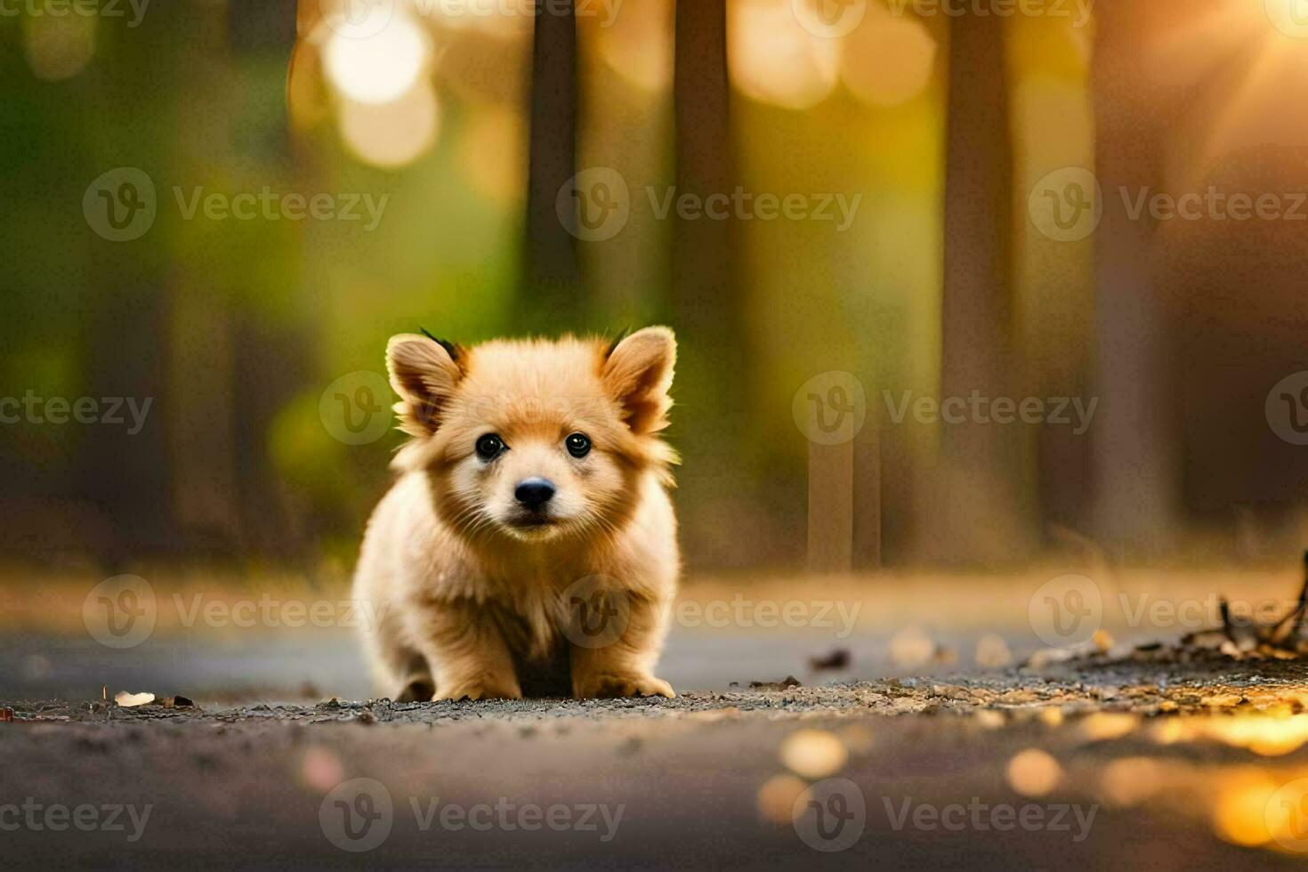 a small dog is standing in the middle of a road. AI-Generated photo