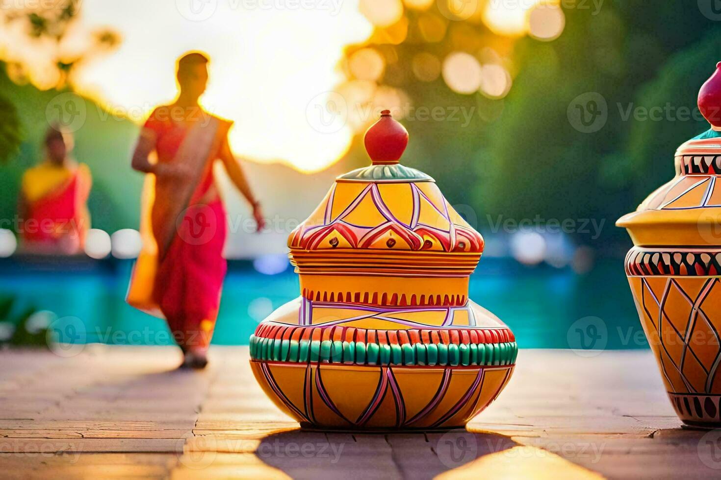 three colorful pots sitting on the ground next to a woman. AI-Generated photo