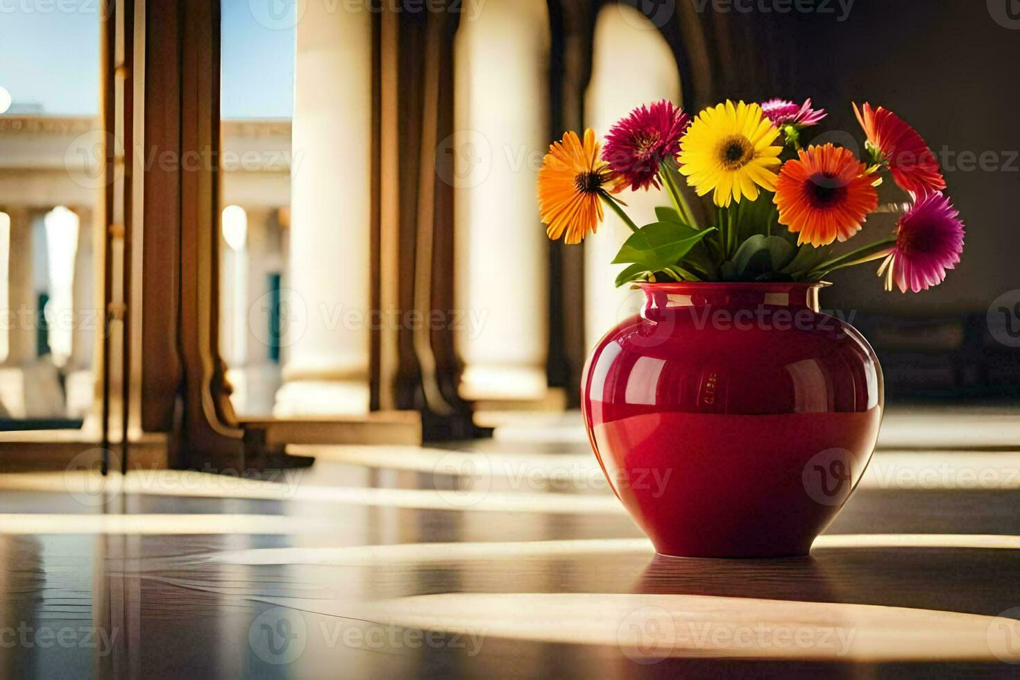 a red vase with colorful flowers sitting on a floor. AI-Generated photo