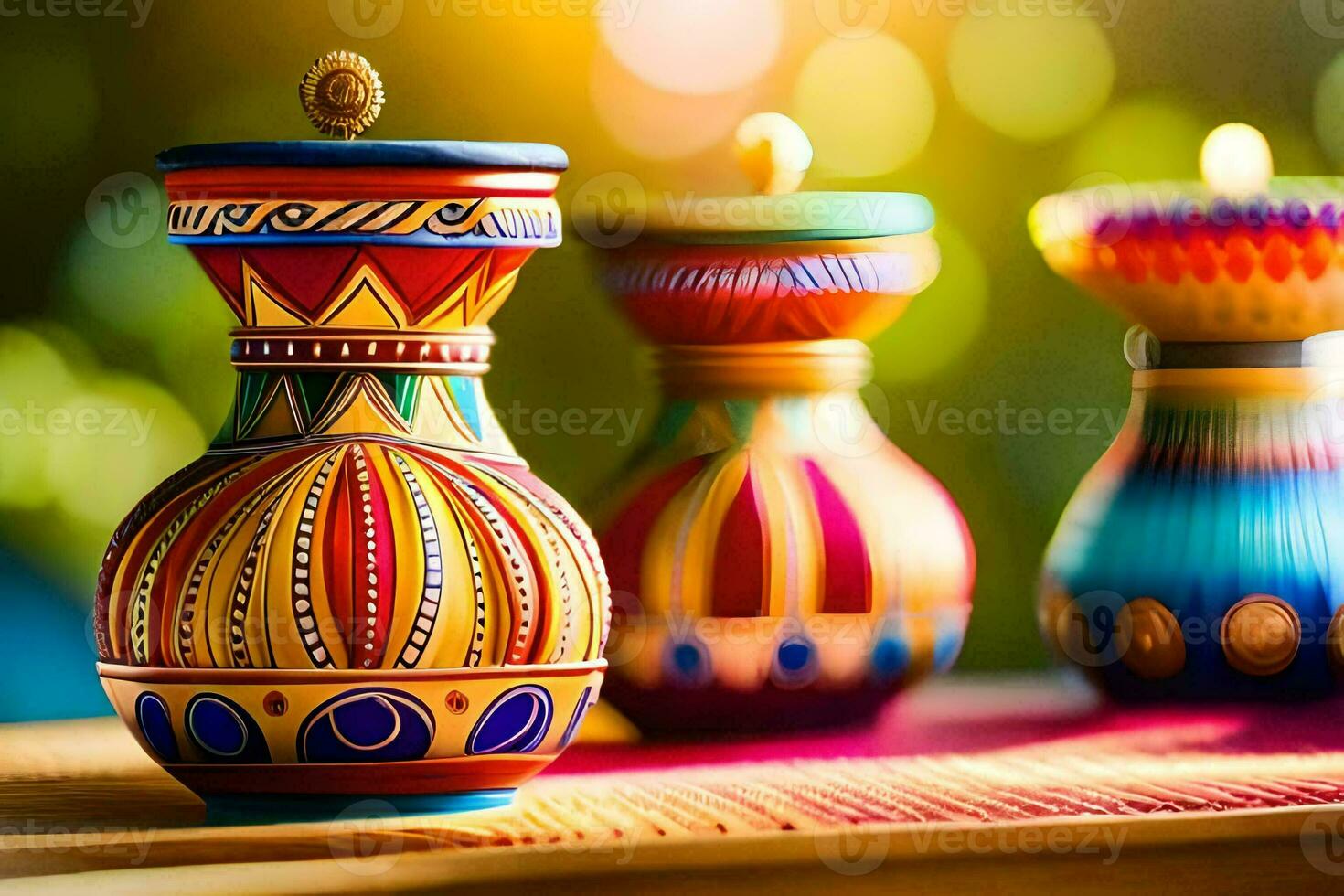 colorful vases with candles on a table. AI-Generated photo