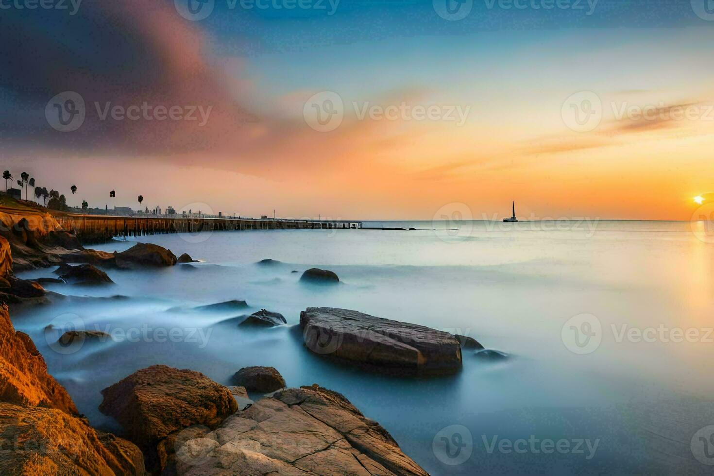 the sun sets over the ocean and rocks. AI-Generated photo