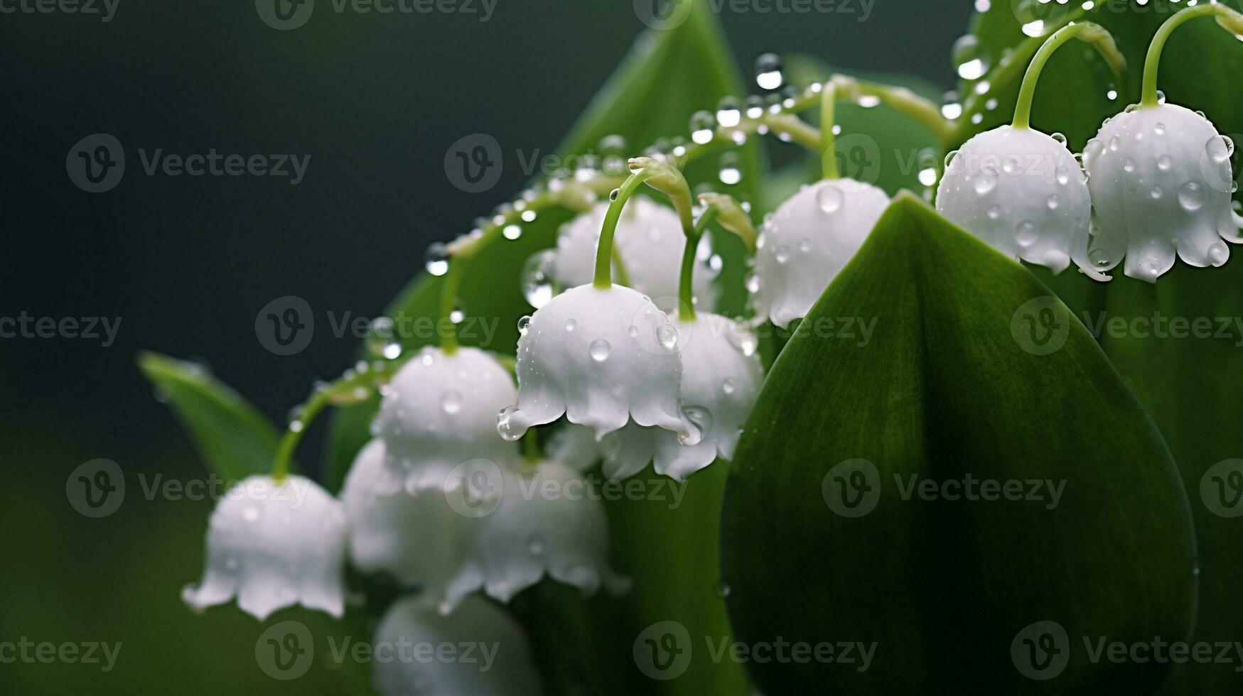 Lilies of the valley flower in forest, spring time, white bells flowers, dew drops on a green leaves. AI Generated photo