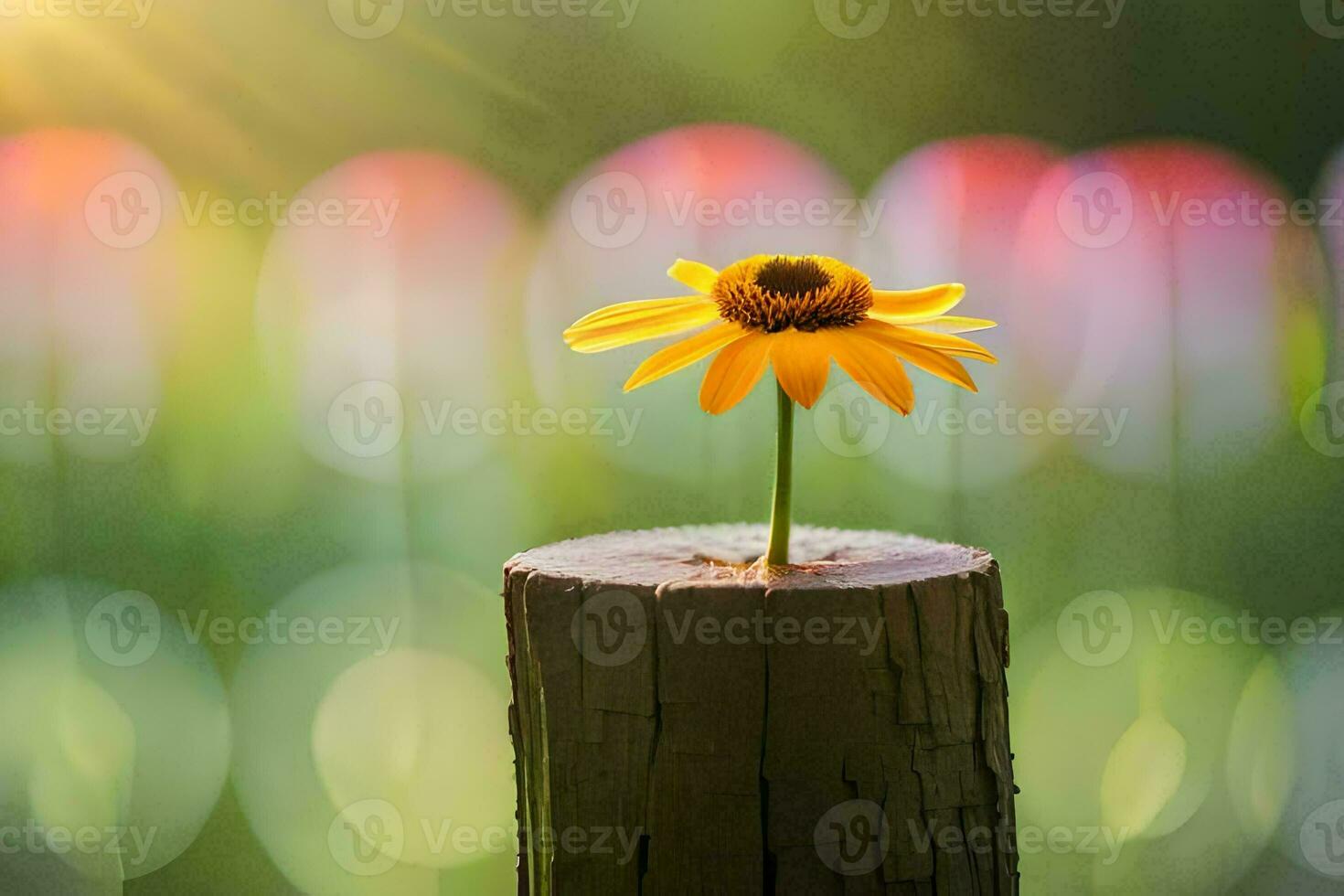 a single yellow flower is standing on top of a wooden post. AI-Generated photo