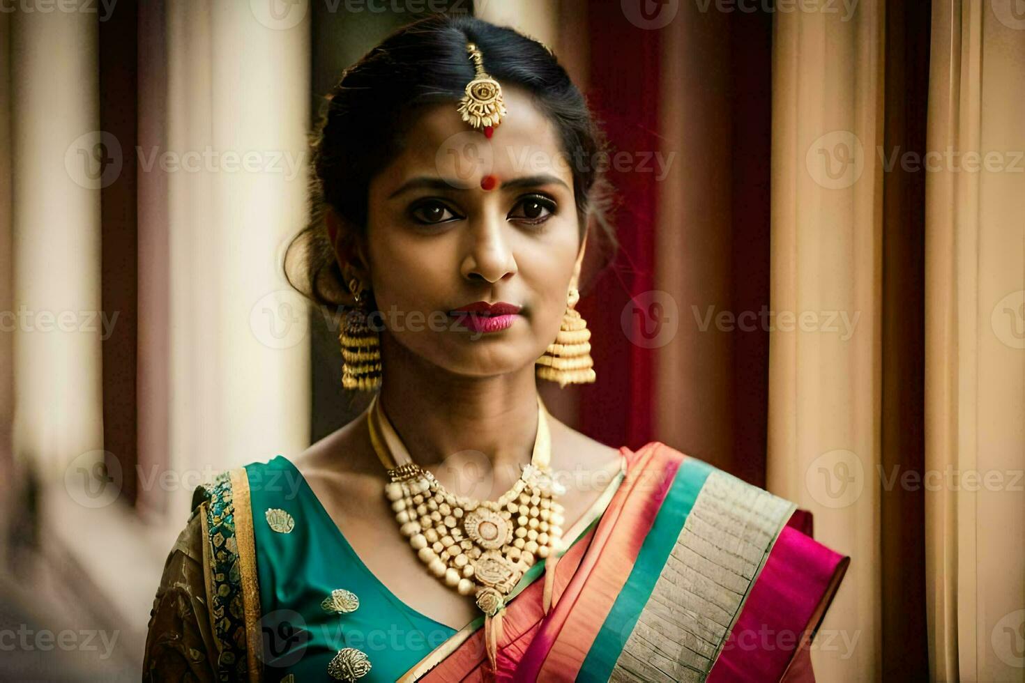 a beautiful indian woman wearing a traditional sari. AI-Generated photo