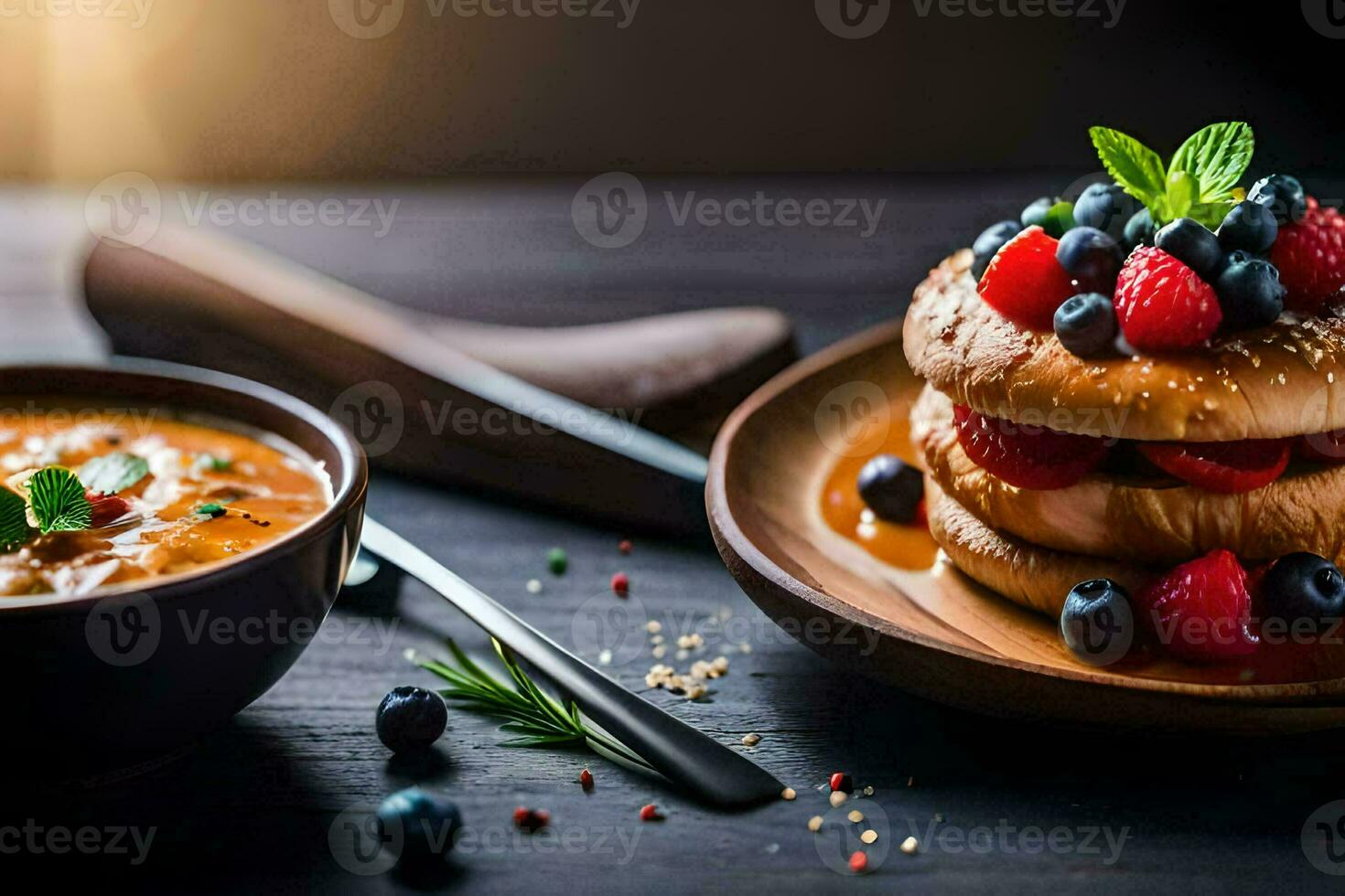 a plate of food with berries and soup. AI-Generated photo