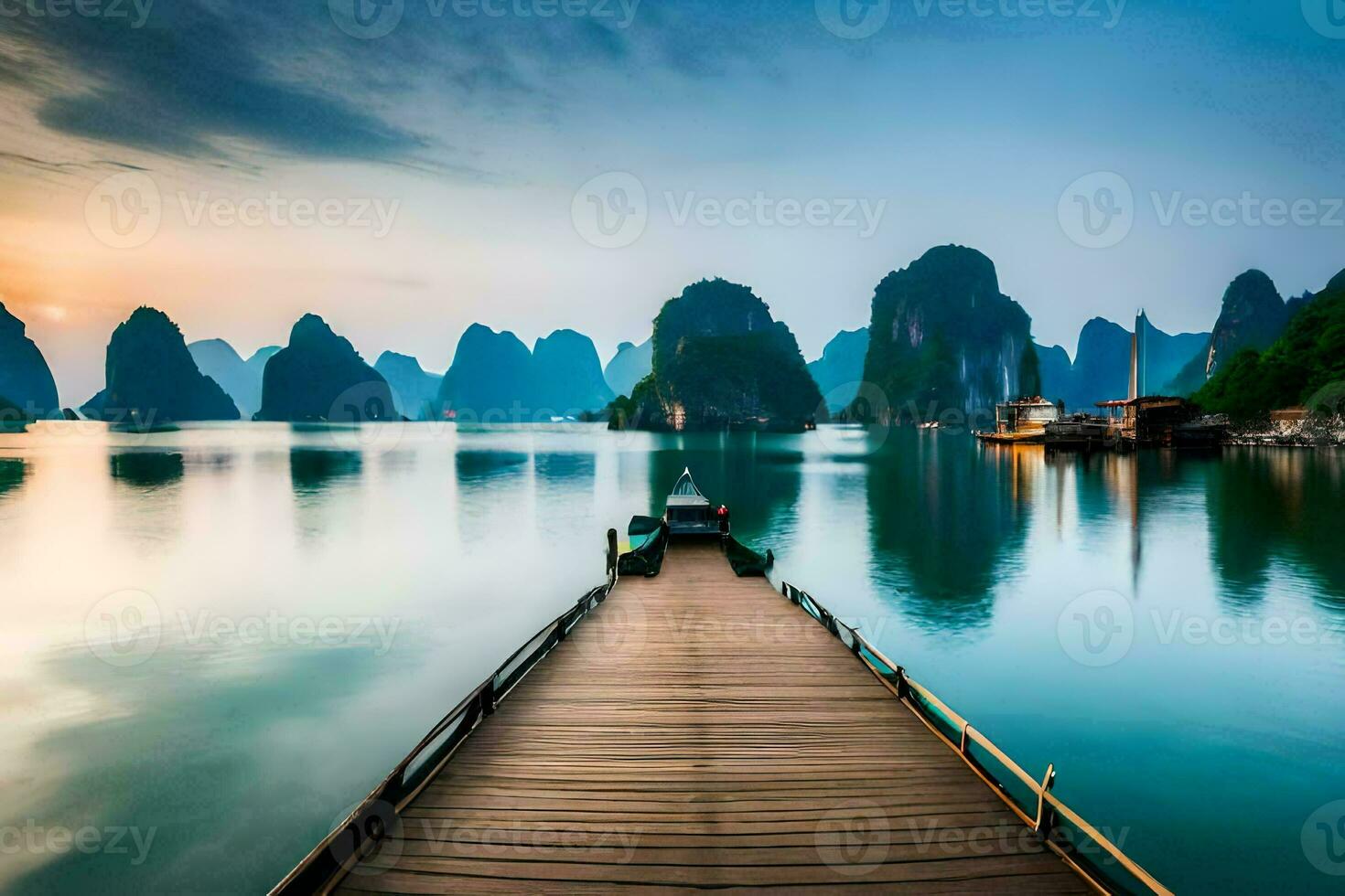 a wooden pier leads to the water in front of mountains. AI-Generated photo