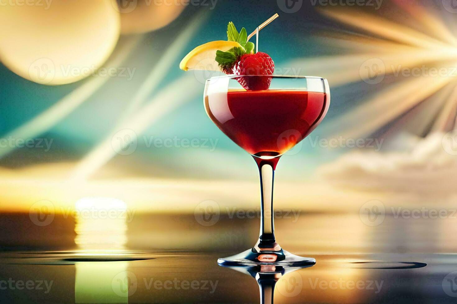 a red cocktail with a strawberry on top. AI-Generated photo