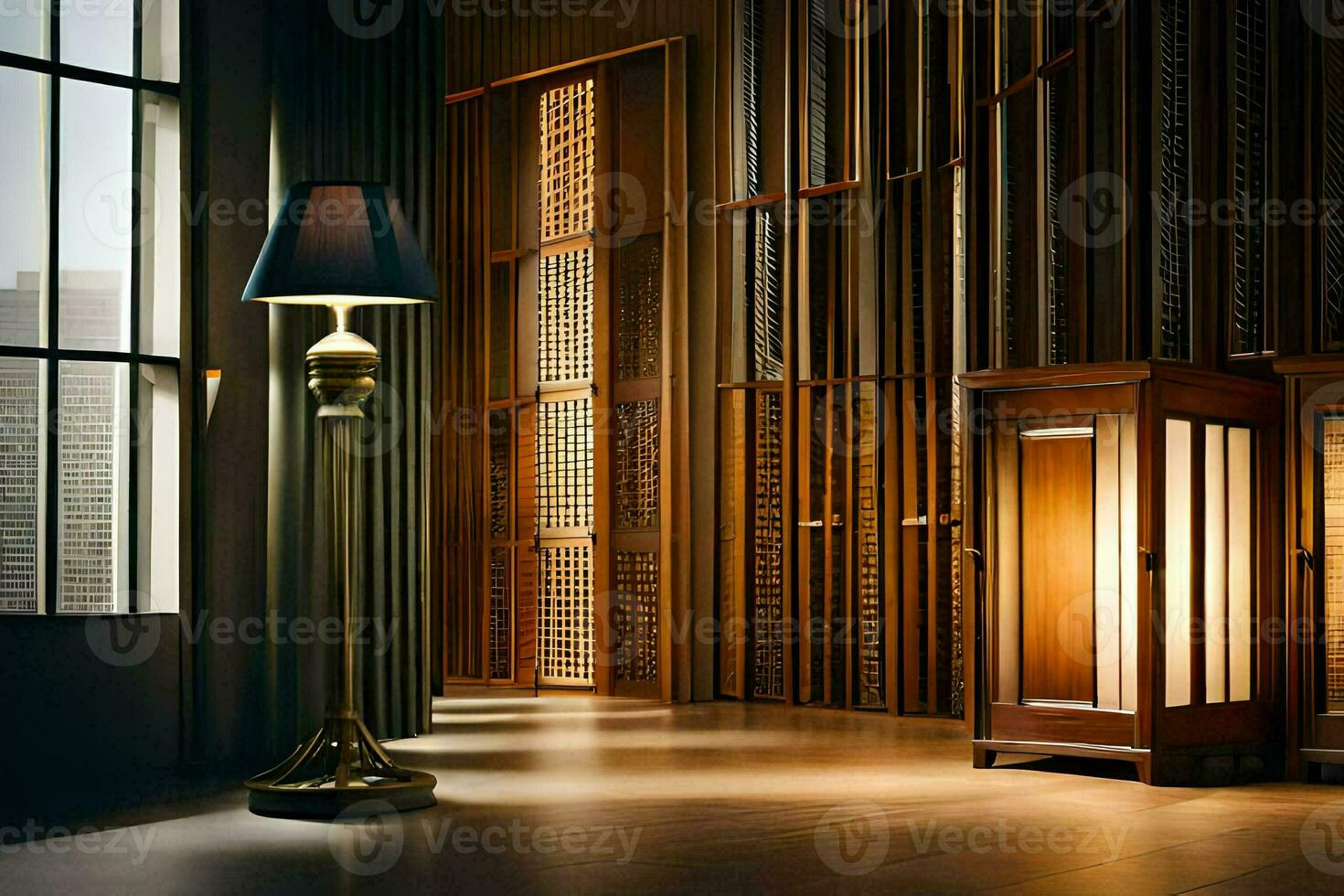 a room with a lamp and a wooden cabinet. AI-Generated photo