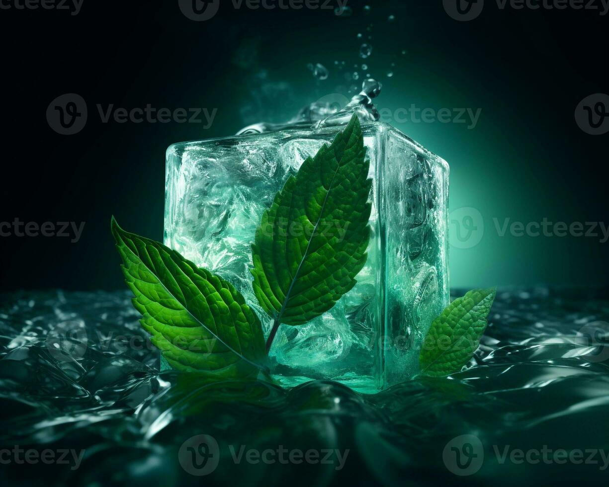 Fresh mint leaves with square shape ice cubes. Creative photography of menthol products. AI Generated photo