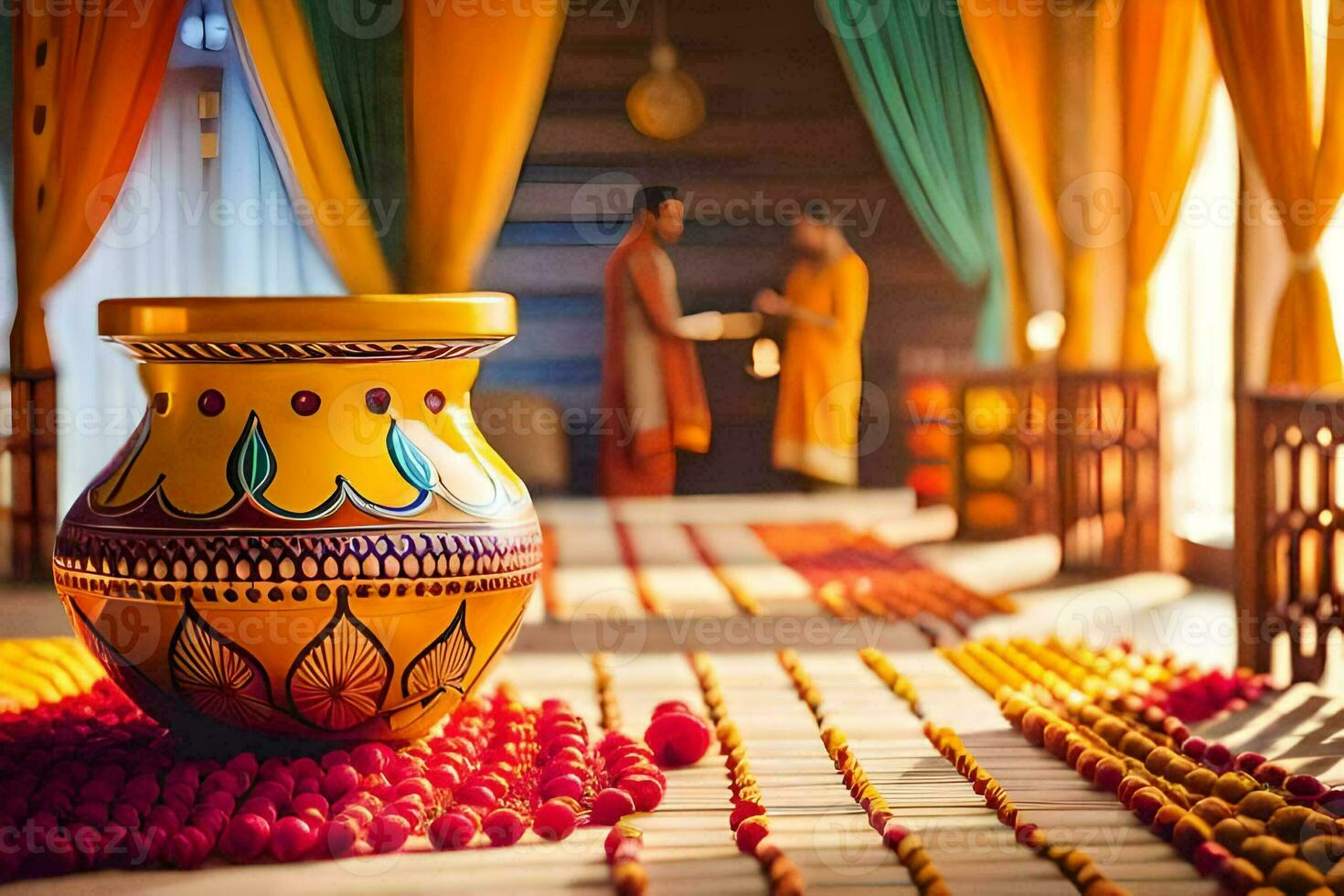 a colorful vase sitting on a table with two men. AI-Generated photo