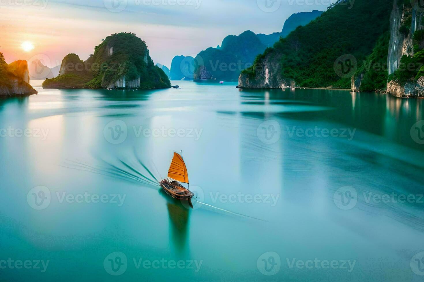 a boat sailing in the water near mountains. AI-Generated photo