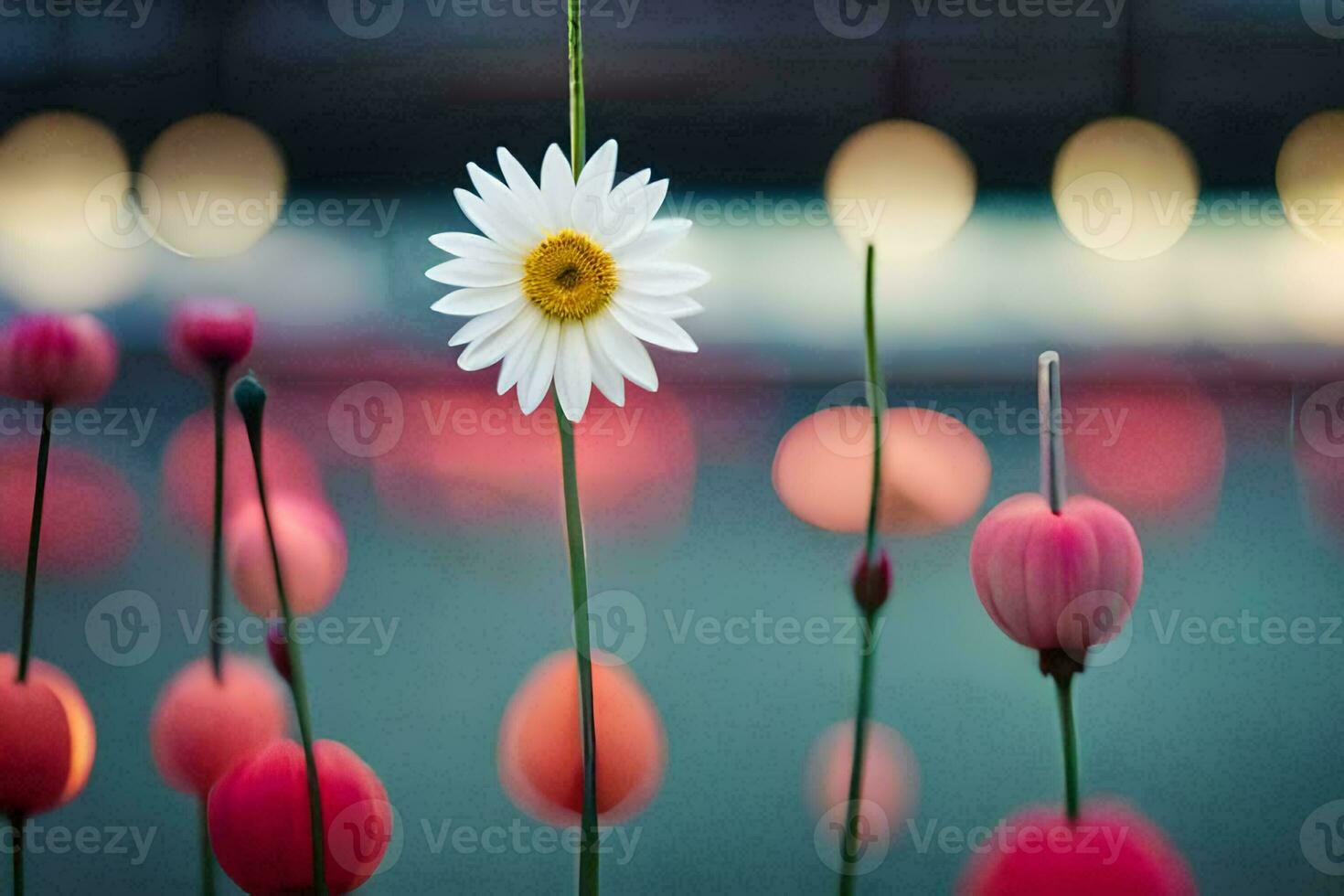 a daisy is in the middle of a field of pink flowers. AI-Generated photo