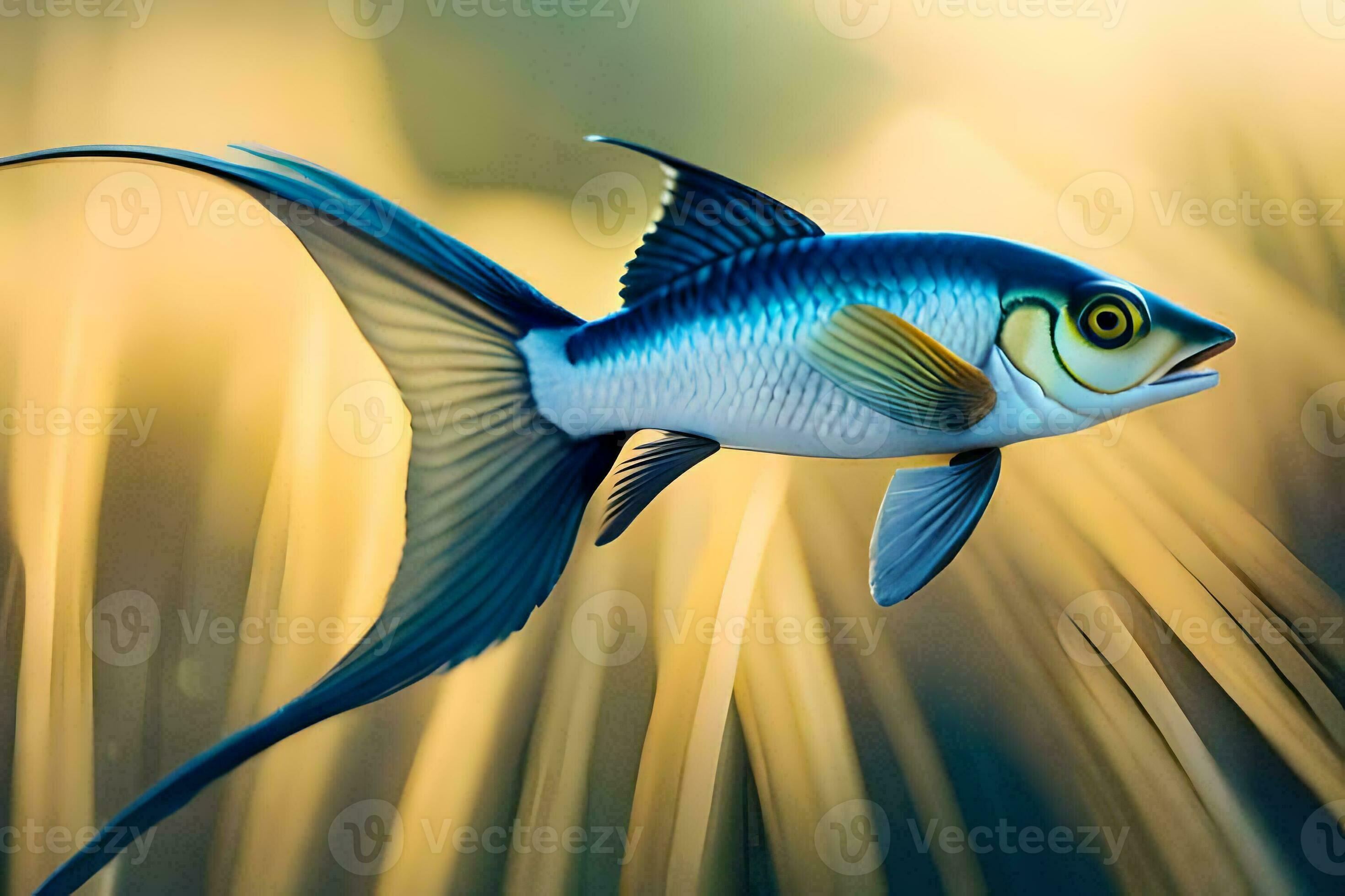 a fish with blue and yellow fins is flying through the air. AI