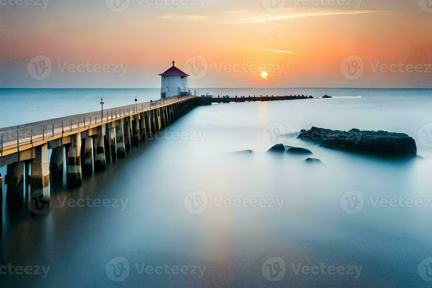 a long exposure photograph of a pier at sunset. AI-Generated photo