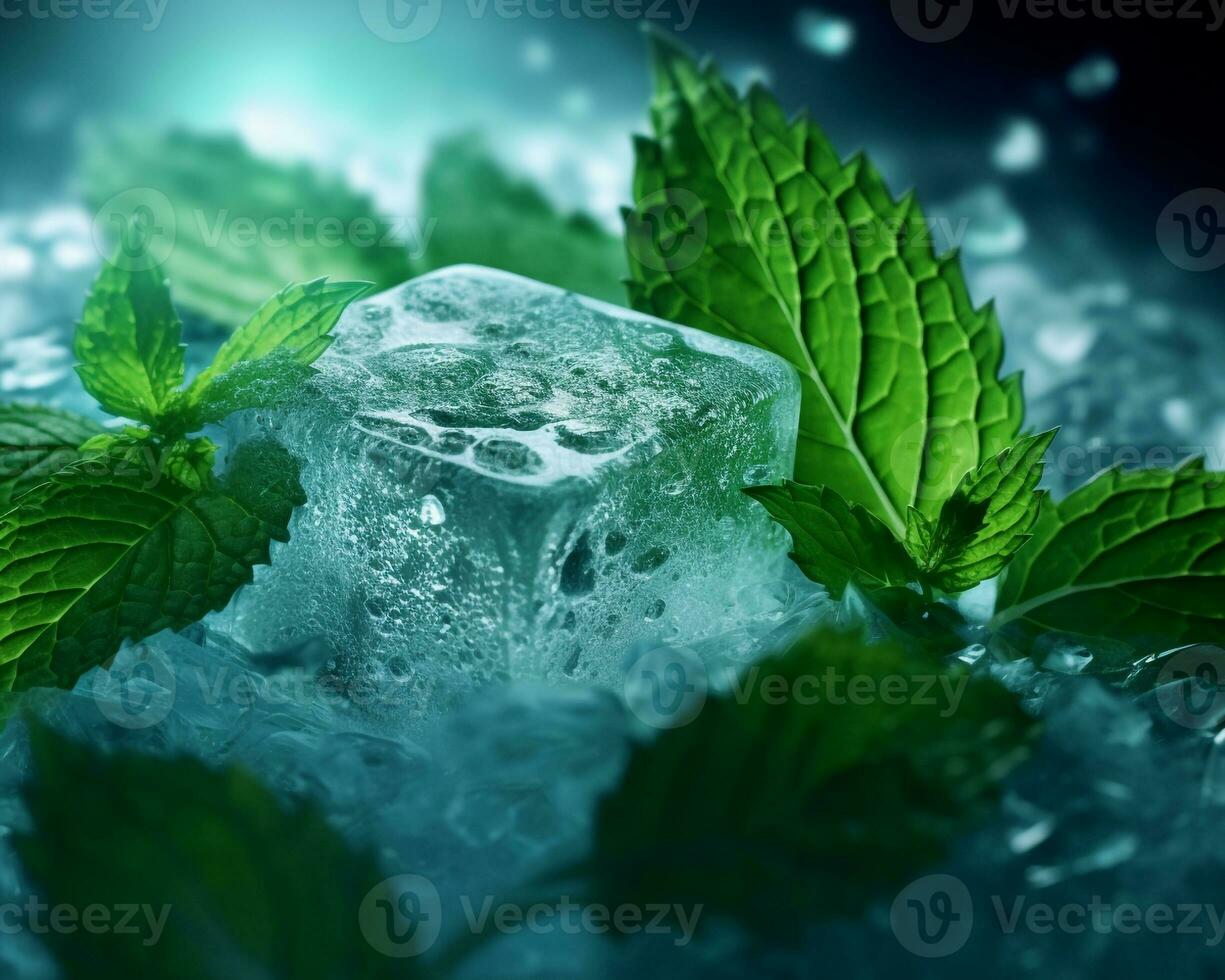Fresh mint leaves with square shape ice cubes. Creative photography of menthol products. AI Generated photo
