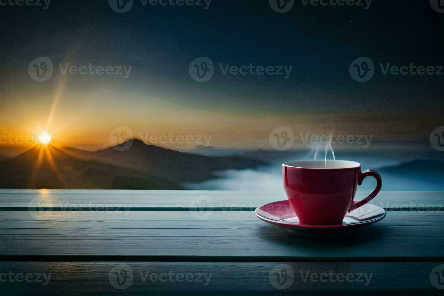 a cup of coffee on a wooden table in front of a beautiful sunrise. AI-Generated photo