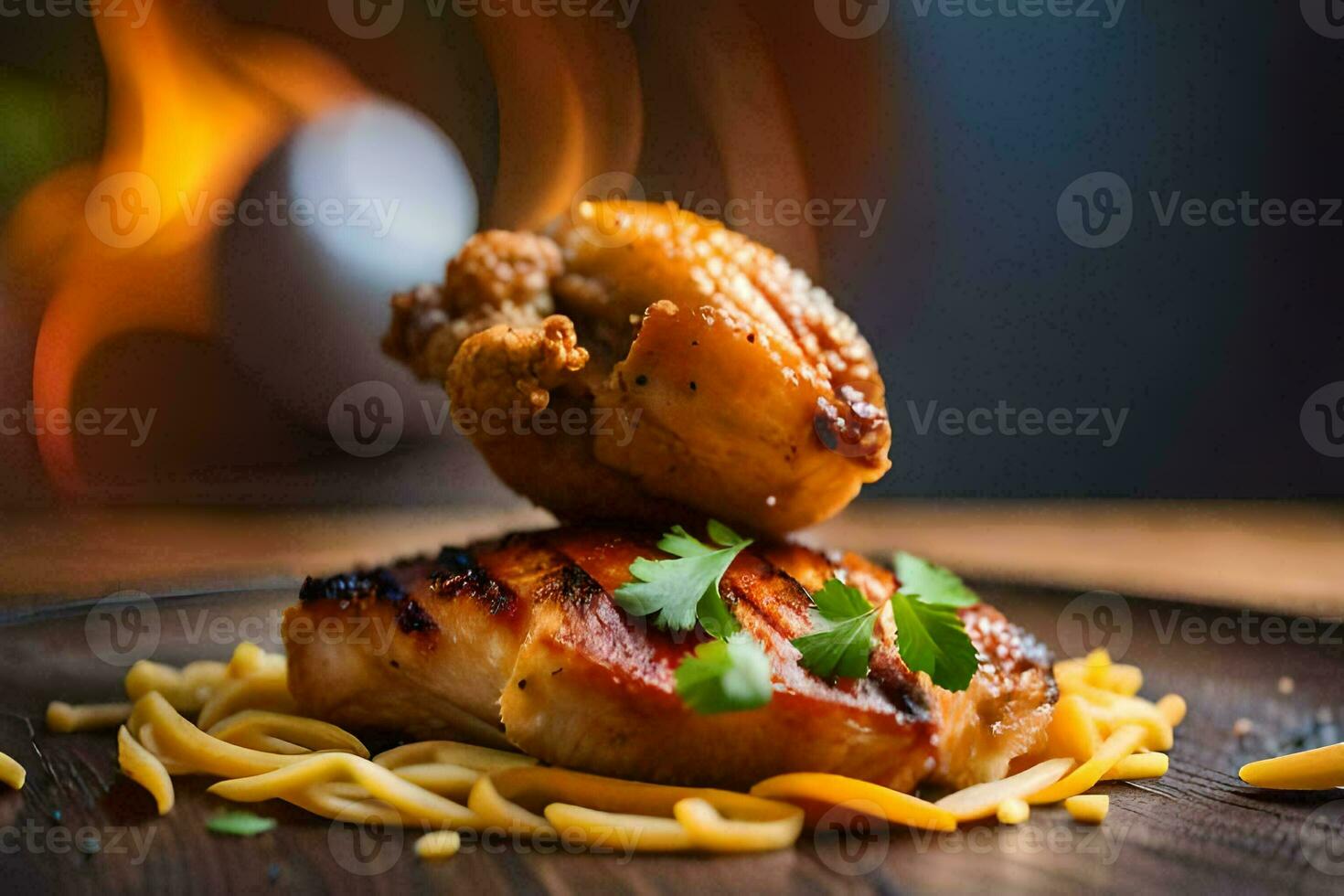 grilled chicken with noodles and herbs on a plate. AI-Generated photo