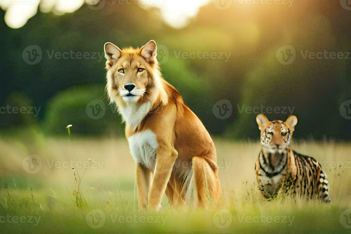 two tigers and a dog in the grass. AI-Generated photo