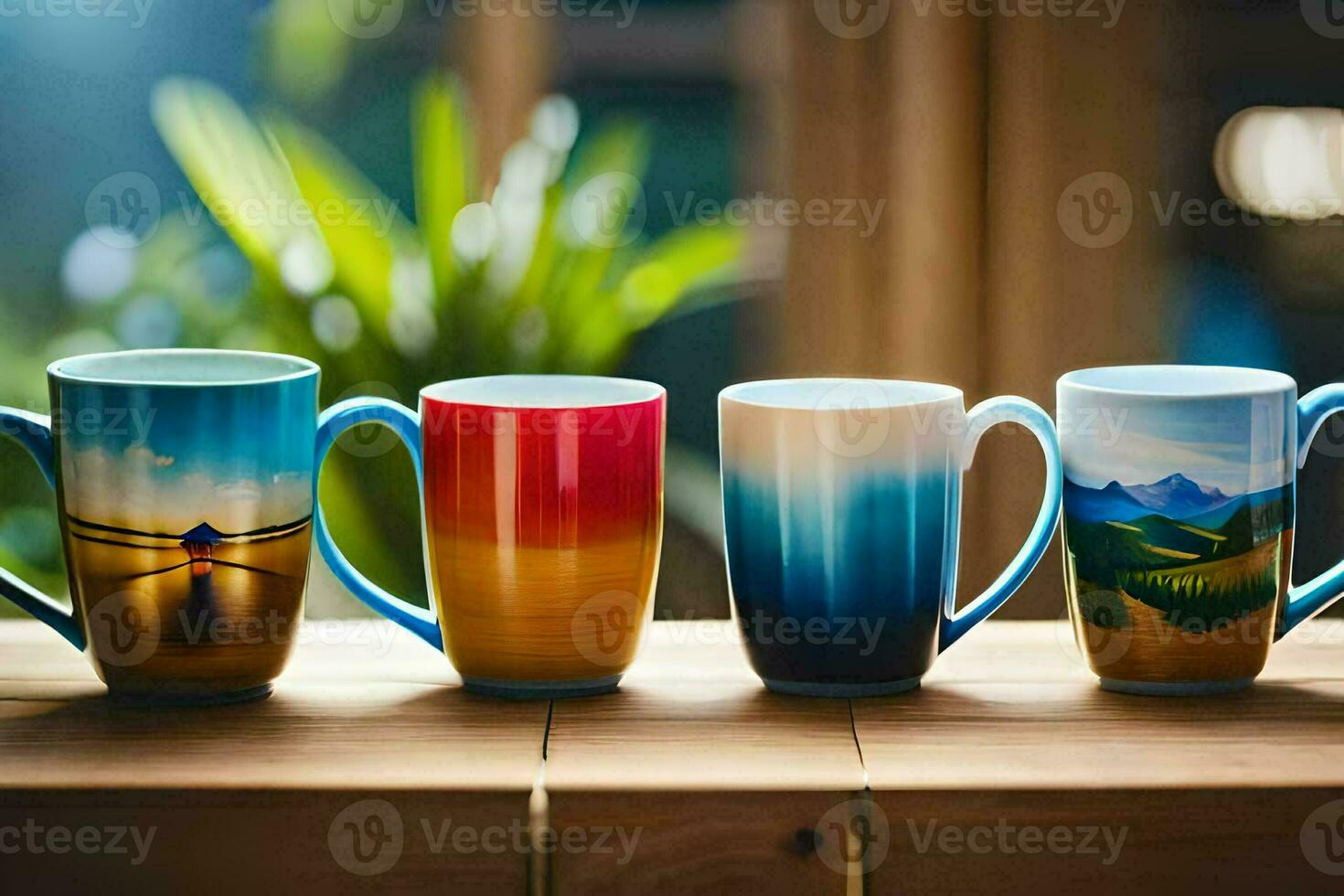 five colorful mugs sitting on a wooden table. AI-Generated photo