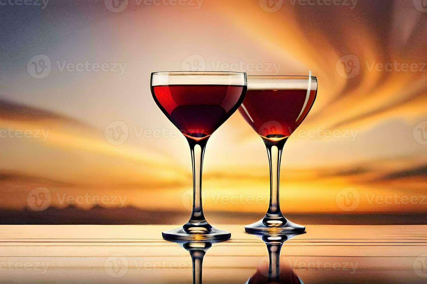 two wine glasses with red wine on a table in front of a sunset. AI-Generated photo