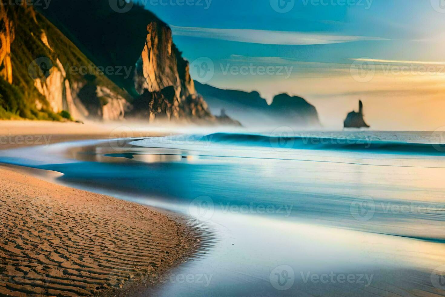 the sun rises over the ocean and waves at the beach. AI-Generated photo