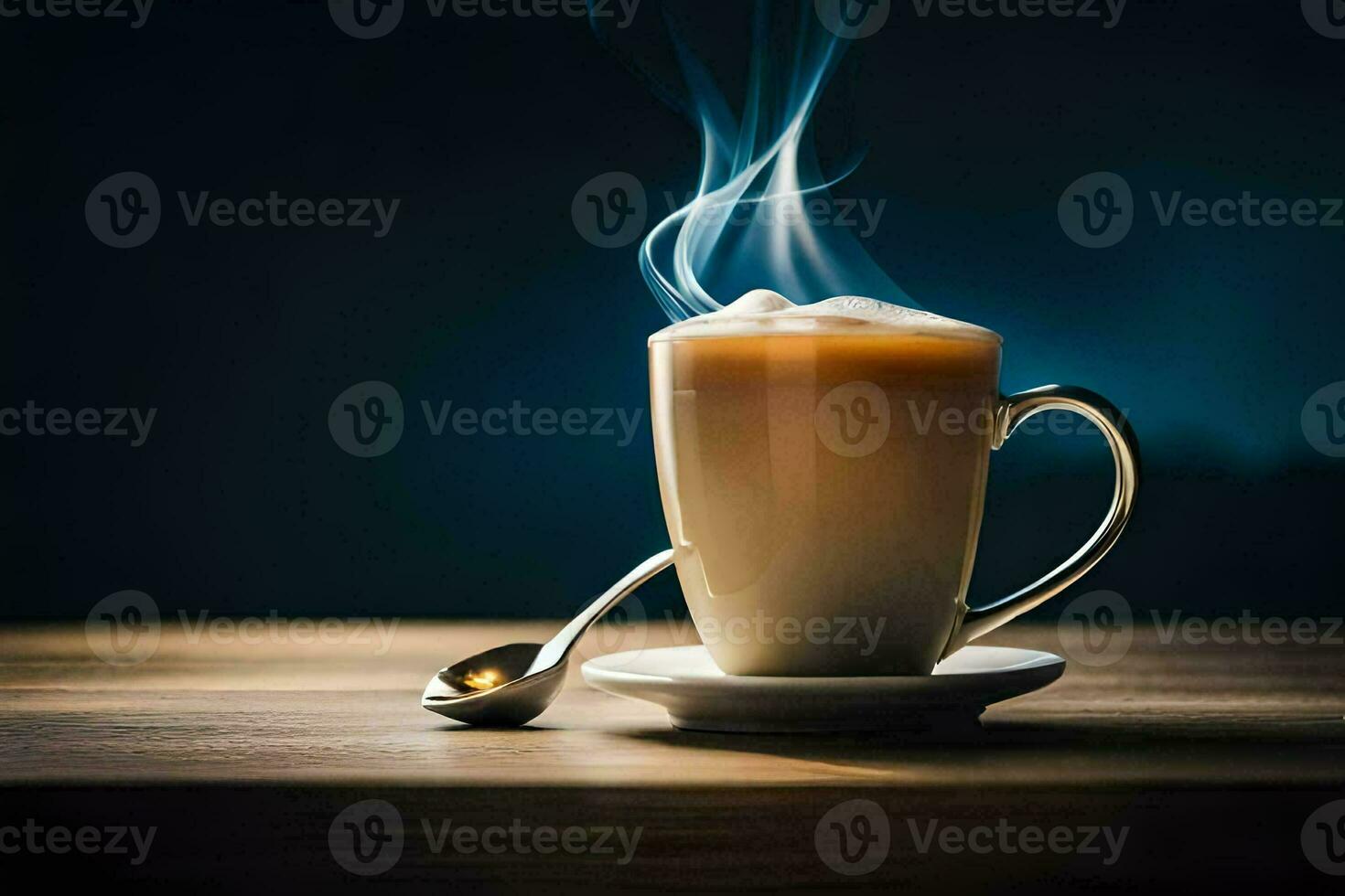 coffee cup with steam on a wooden table. AI-Generated photo