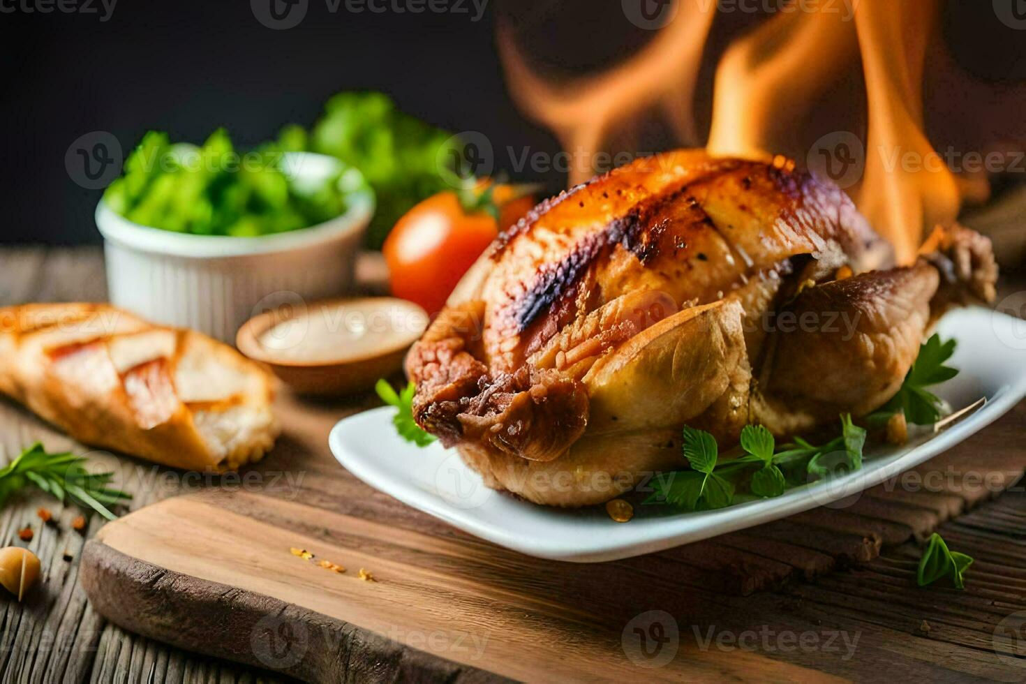 a roasted chicken on a plate with bread and vegetables. AI-Generated photo