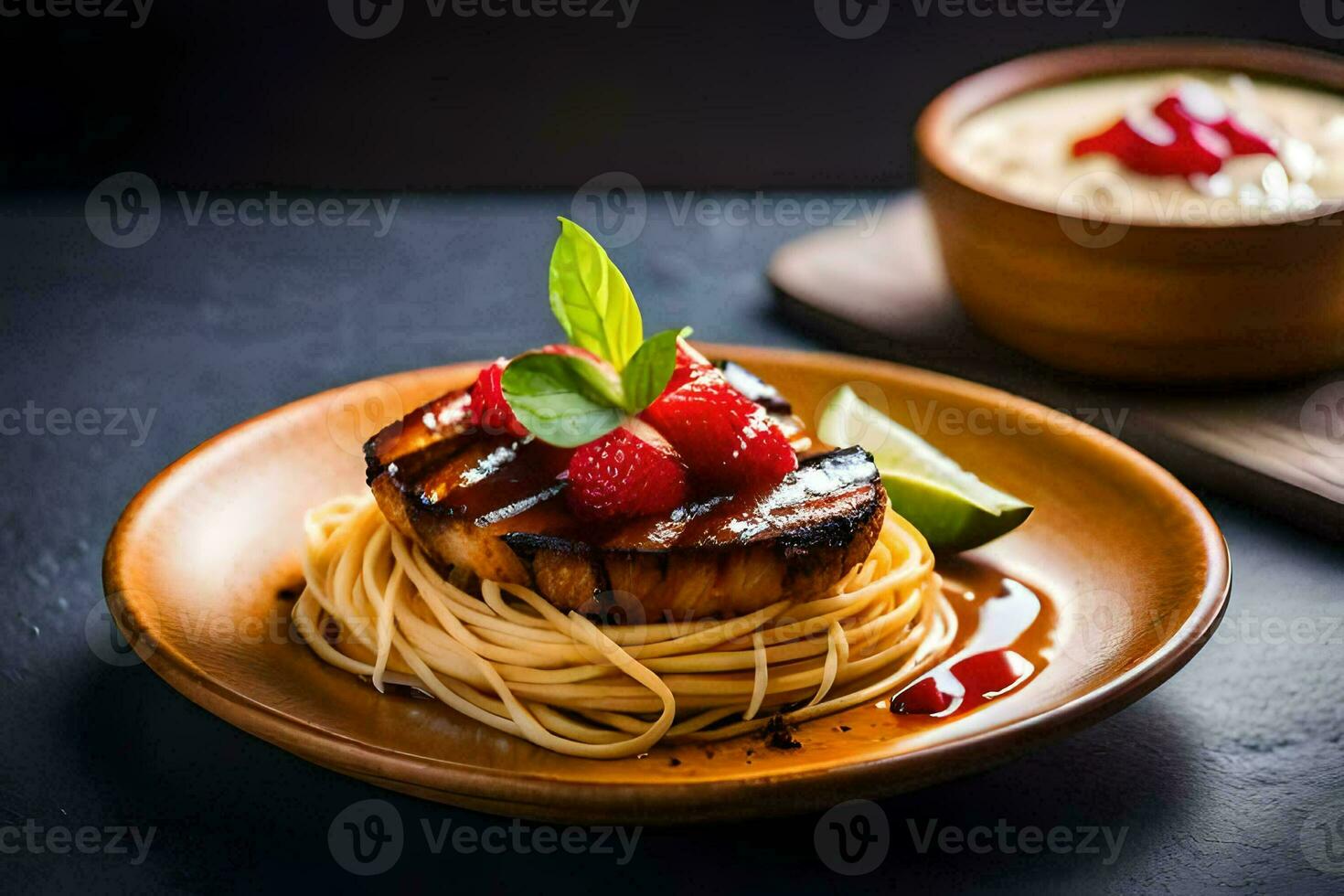 grilled scallops with spaghetti and berries on a wooden plate. AI-Generated photo