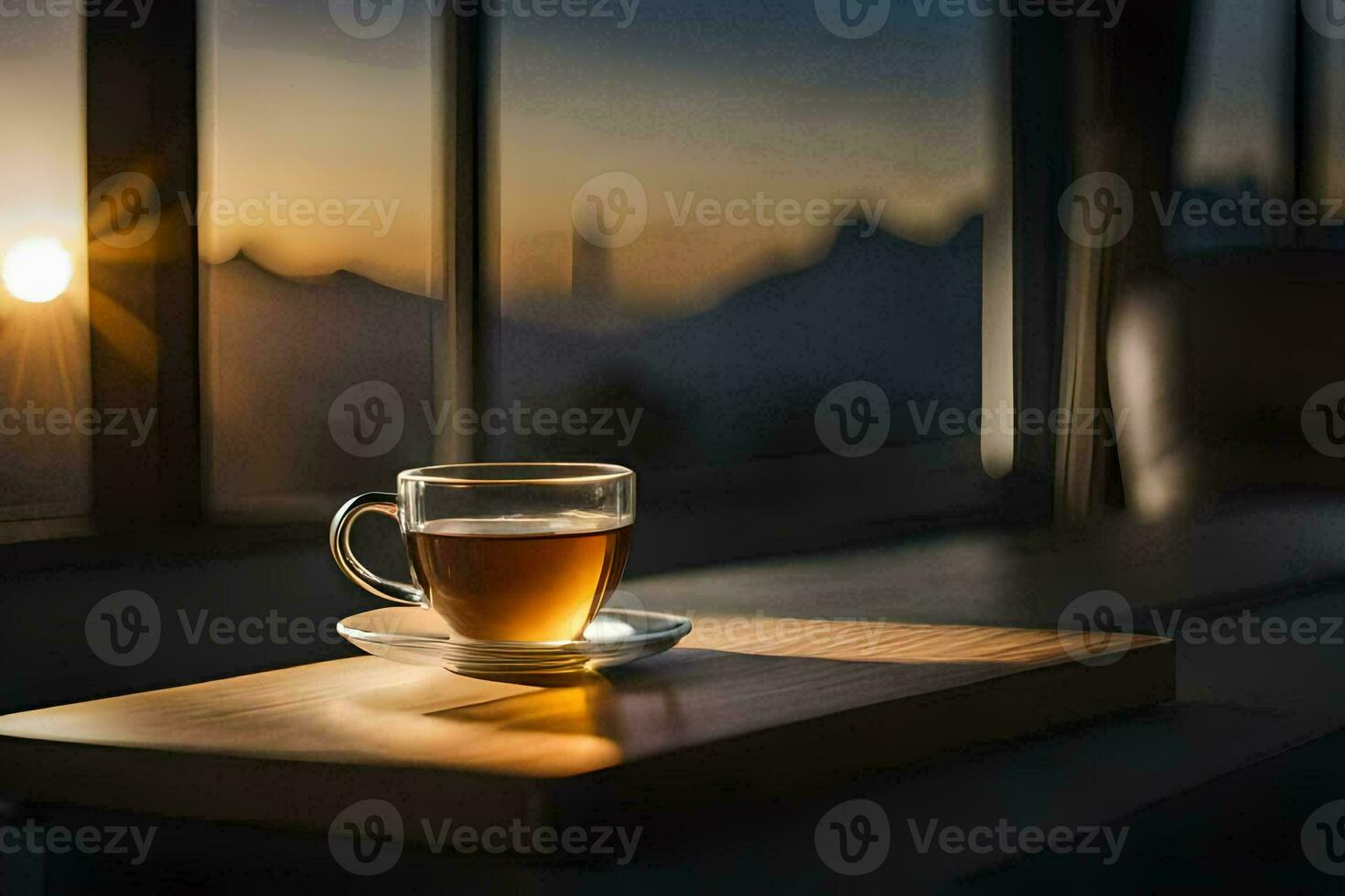 a cup of tea sits on a table in front of a window. AI-Generated photo