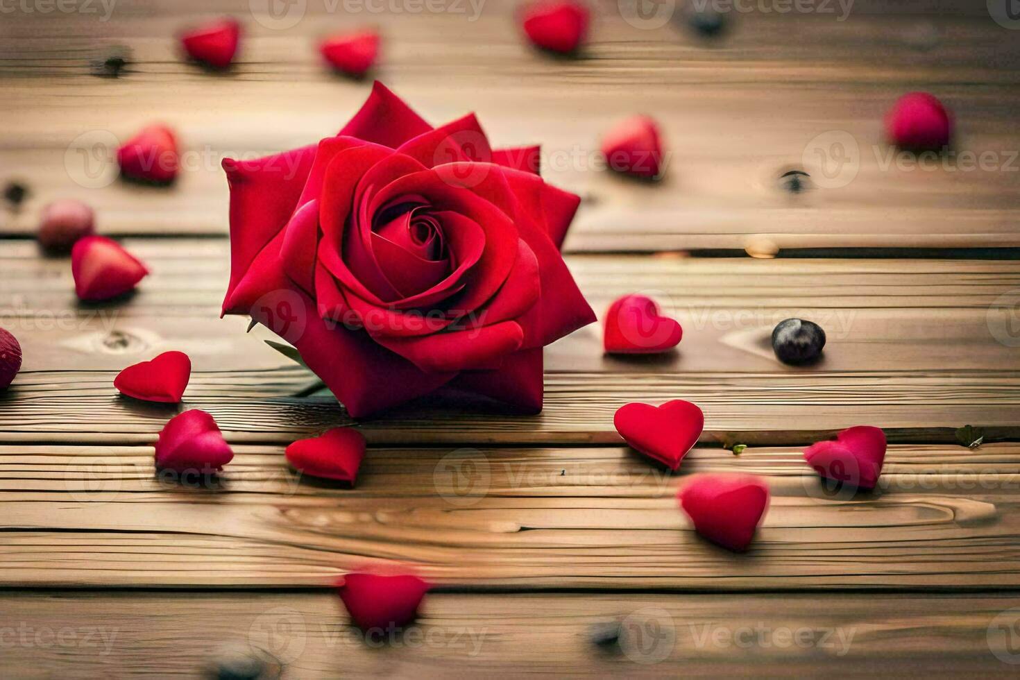 the rose is surrounded by red hearts on a wooden table. AI-Generated photo