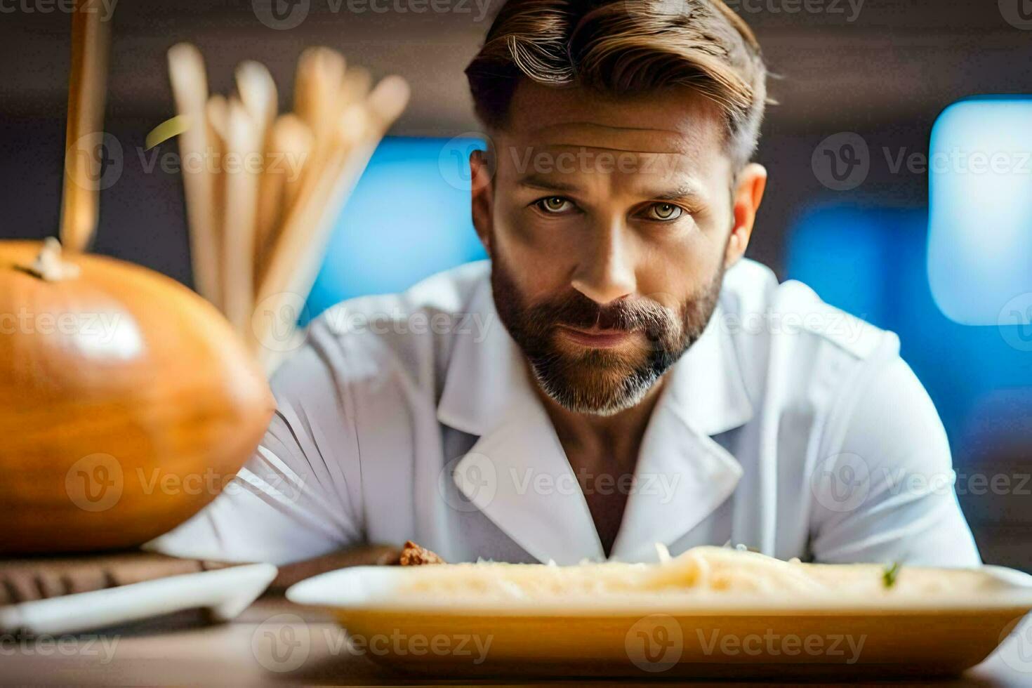 a man with a beard and white shirt sitting at a table with food. AI-Generated photo