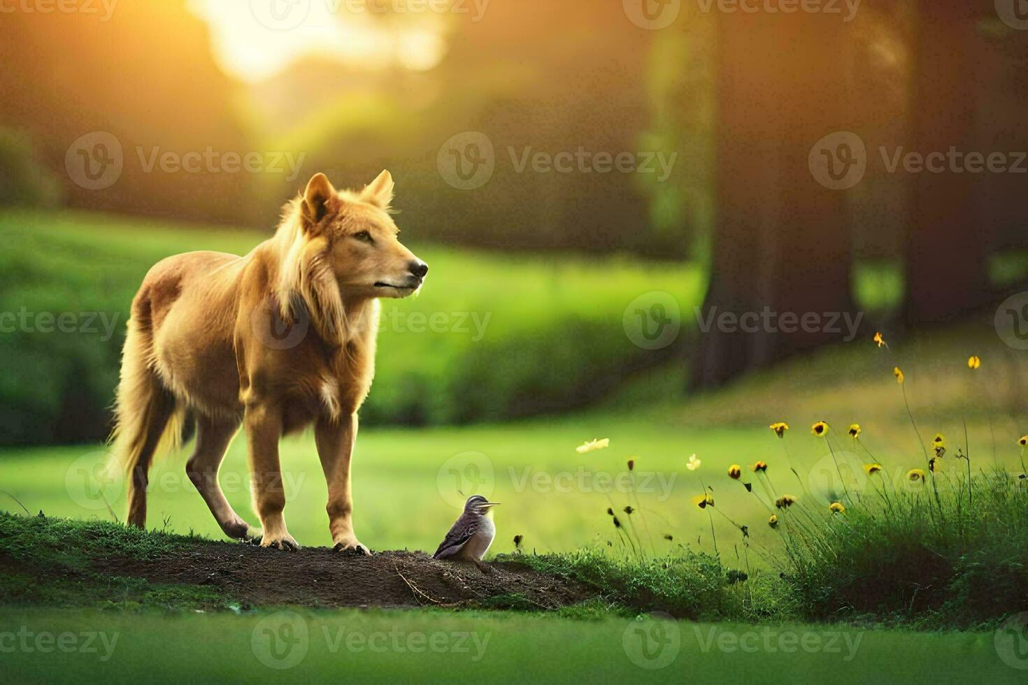 a dog and a bird standing on a grassy field. AI-Generated photo