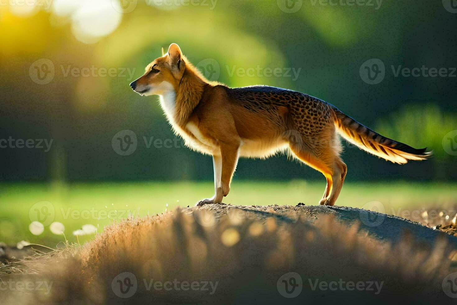 a fox stands on a rock in the sun. AI-Generated photo