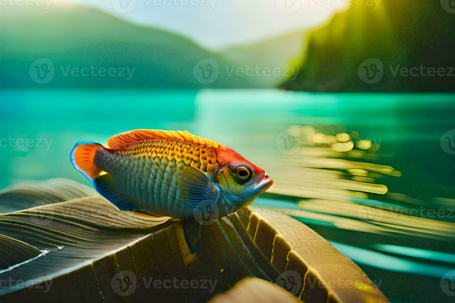 a fish sitting on a leaf in the water. AI-Generated photo