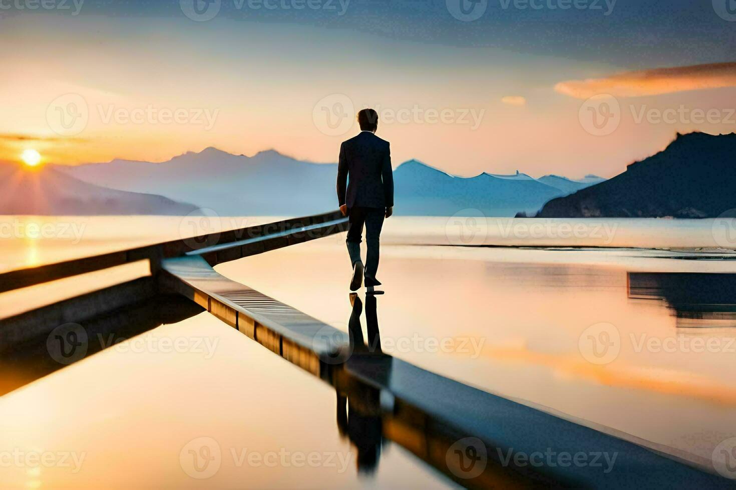 a man standing on a dock looking at the sun setting over the water. AI-Generated photo