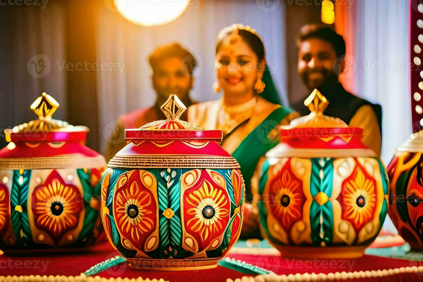 a couple is standing in front of colorful pots. AI-Generated photo