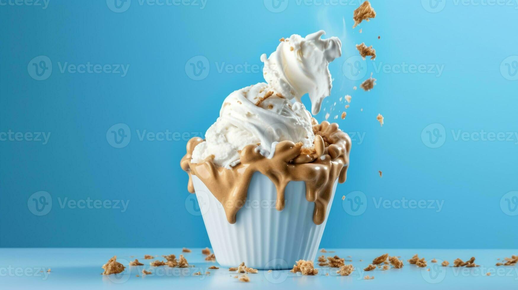 Melting cup ice cream with milk and chocolate syrup flavor isolated on blue background. AI Generated photo
