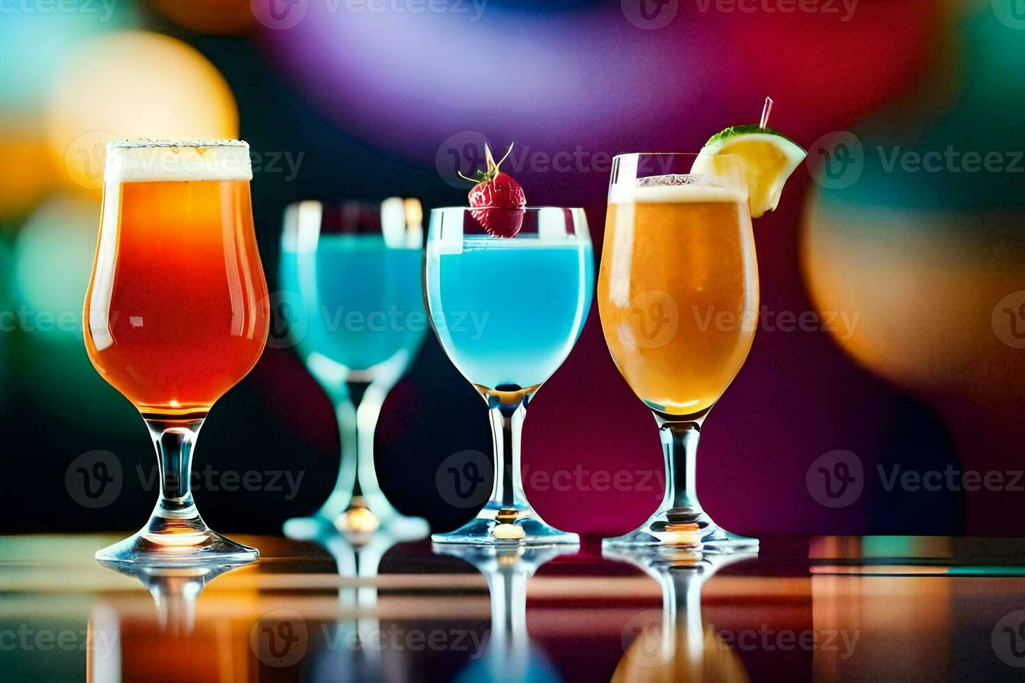 four different colored drinks in glasses on a table. AI-Generated photo