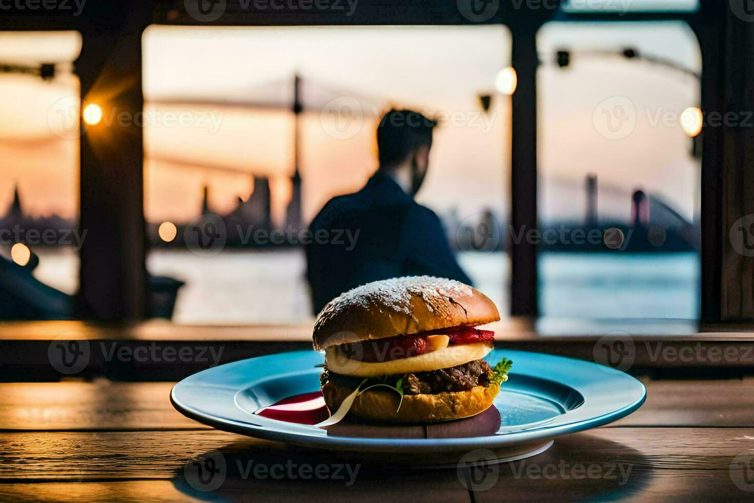 a hamburger on a plate with a man in the background. AI-Generated photo