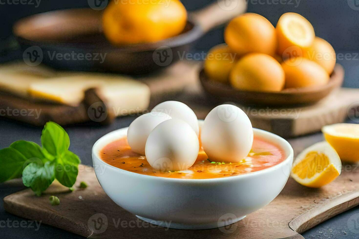eggs in a bowl with lemon and cheese. AI-Generated photo
