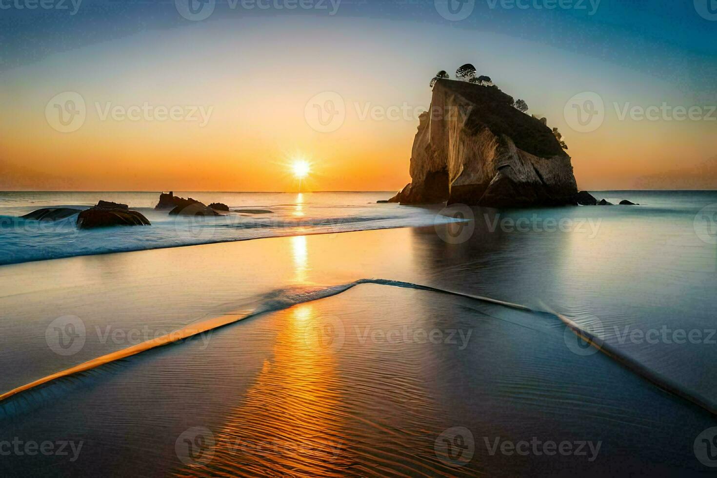 the sun sets over the ocean at the beach. AI-Generated photo