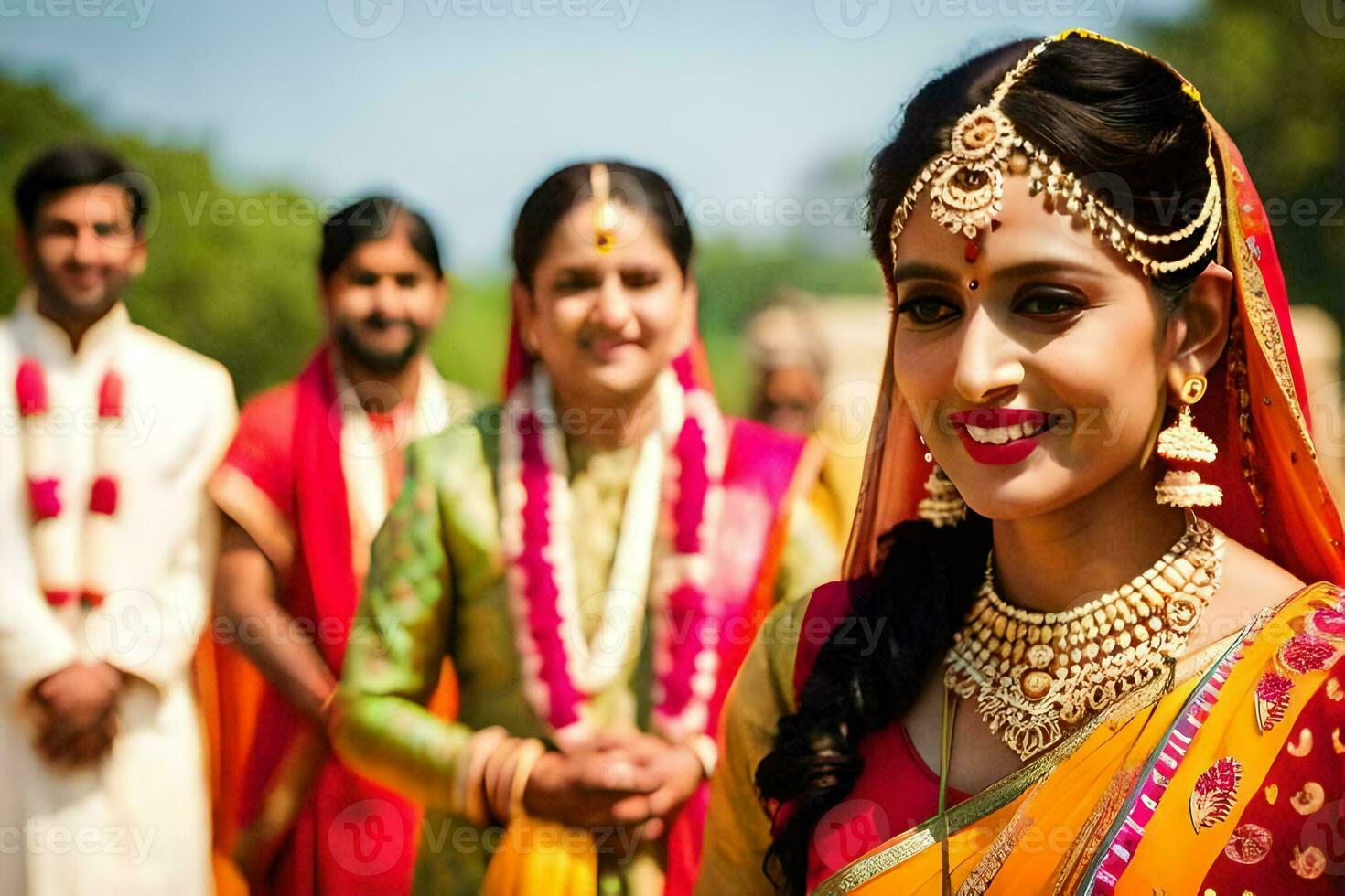 un novia en tradicional indio atuendo. generado por ai foto