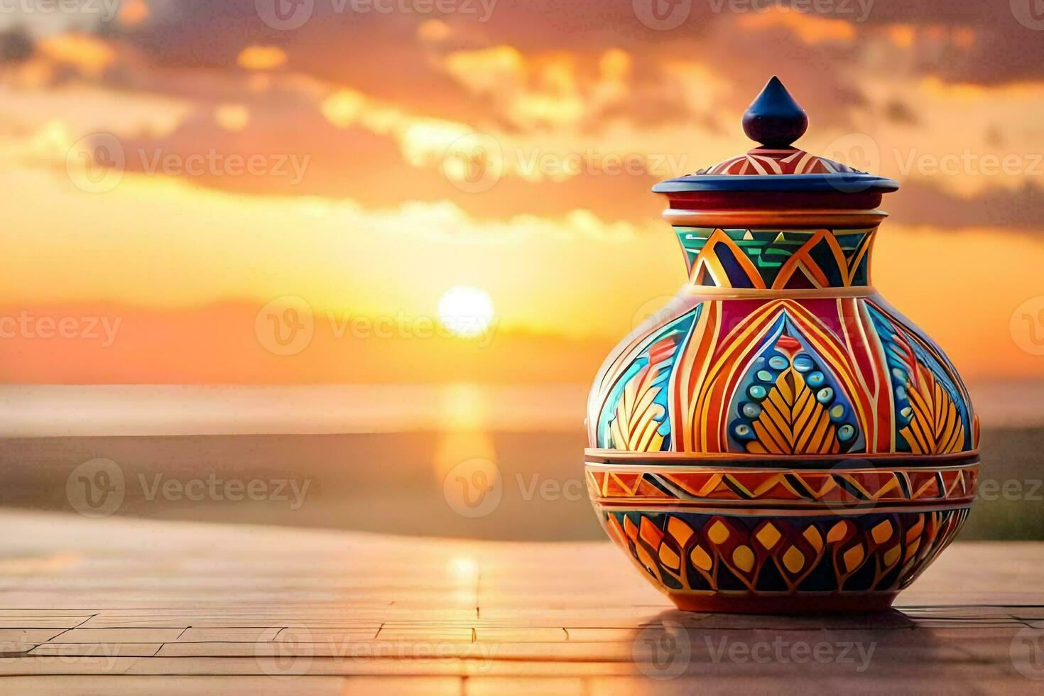 a colorful vase sitting on a wooden table in front of the sunset. AI-Generated photo