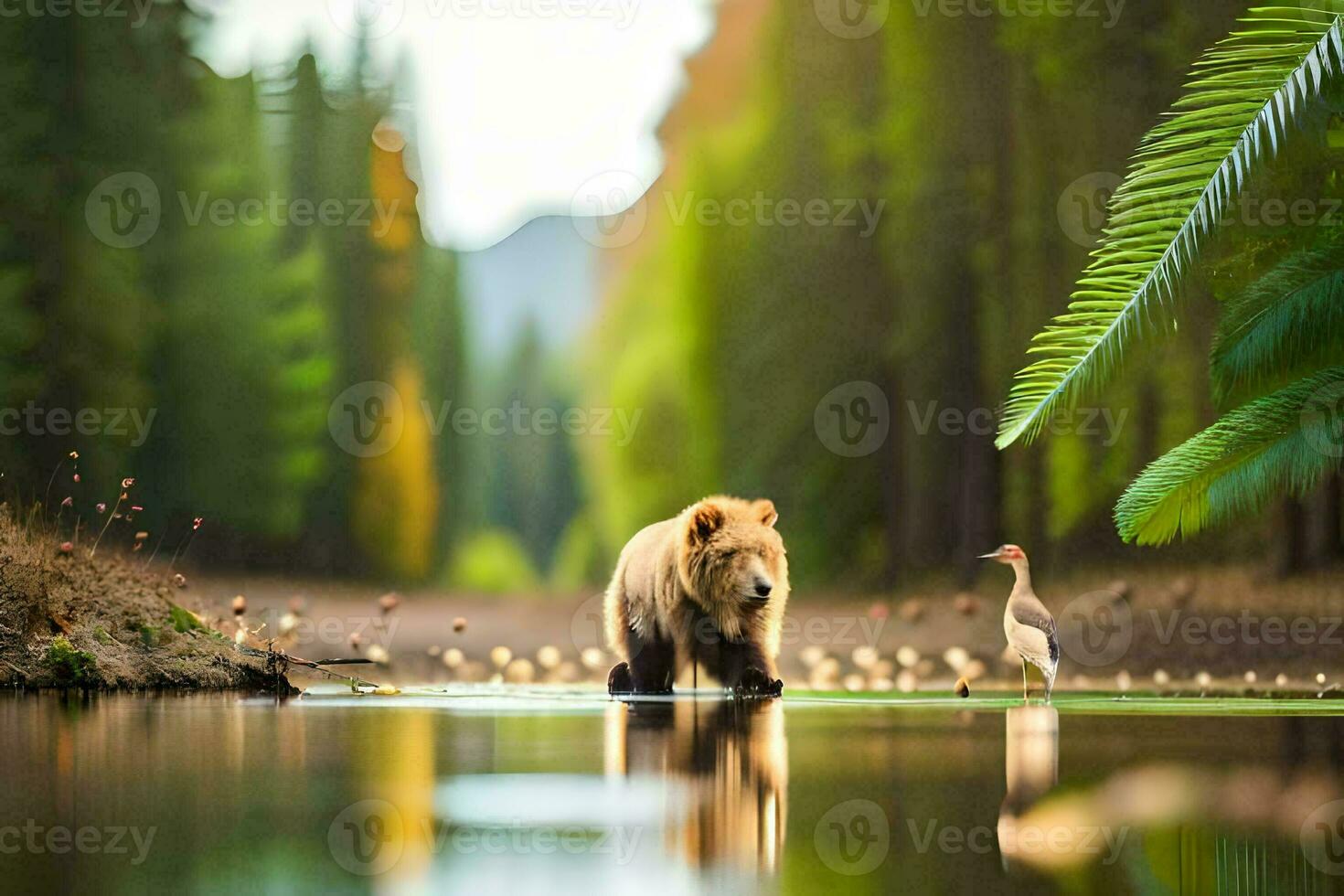a bear and a bird walk through a river. AI-Generated photo