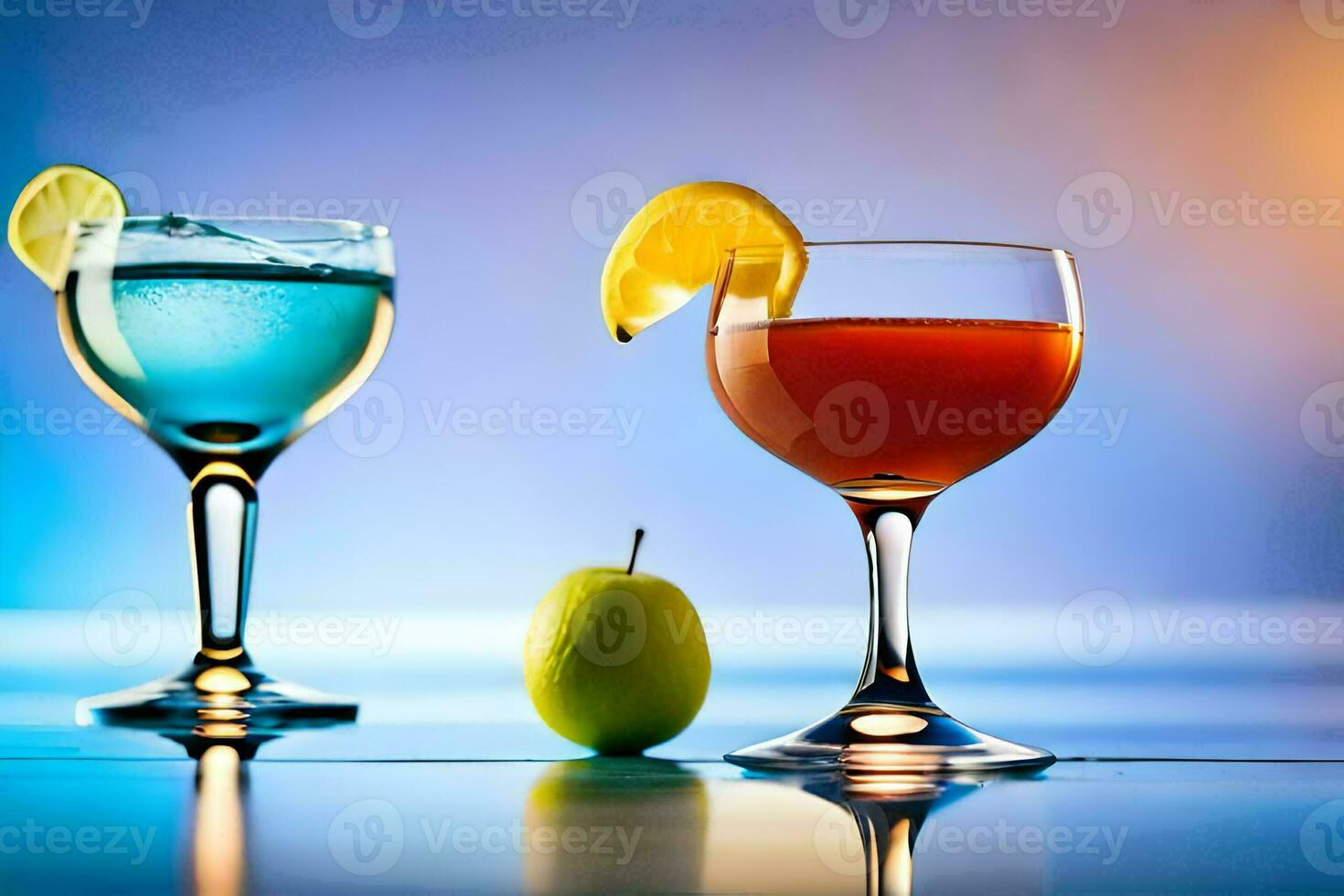 two glasses of different colored drinks with a lime. AI-Generated photo