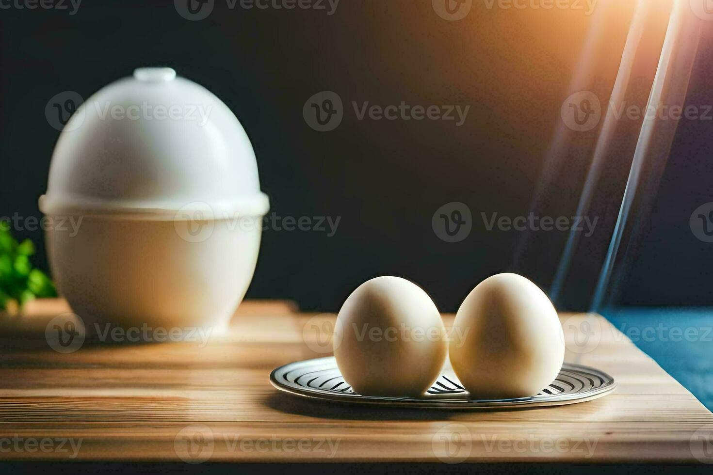 two eggs on a cutting board with a white egg in the middle. AI-Generated photo