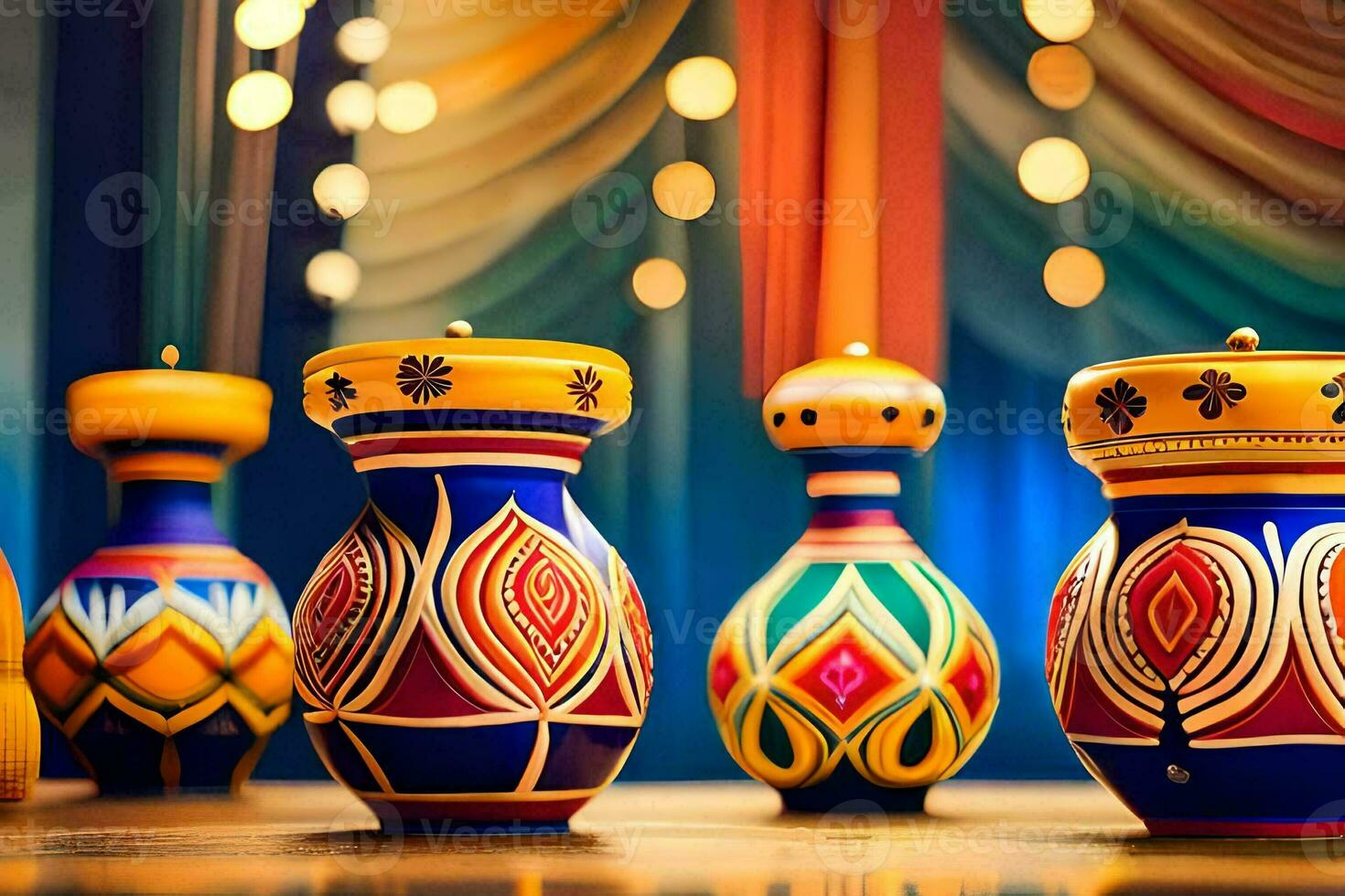 colorful vases with lights on a table. AI-Generated photo