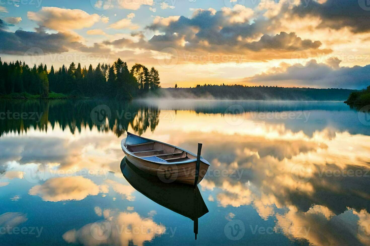 a boat on a lake at sunset. AI-Generated photo