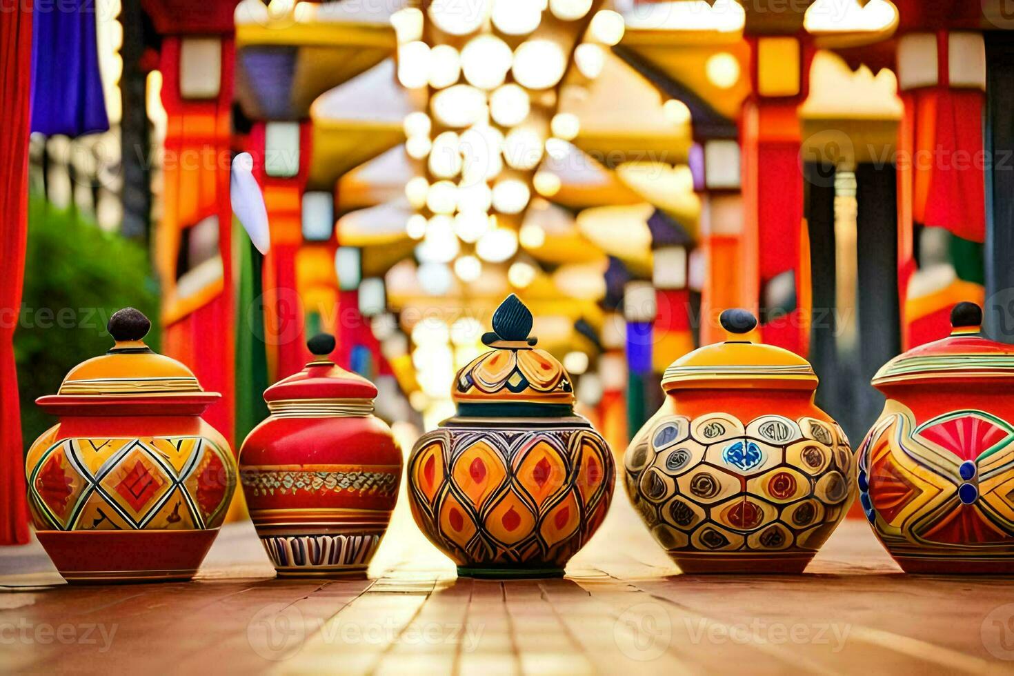 colorful vases lined up on a wooden walkway. AI-Generated photo